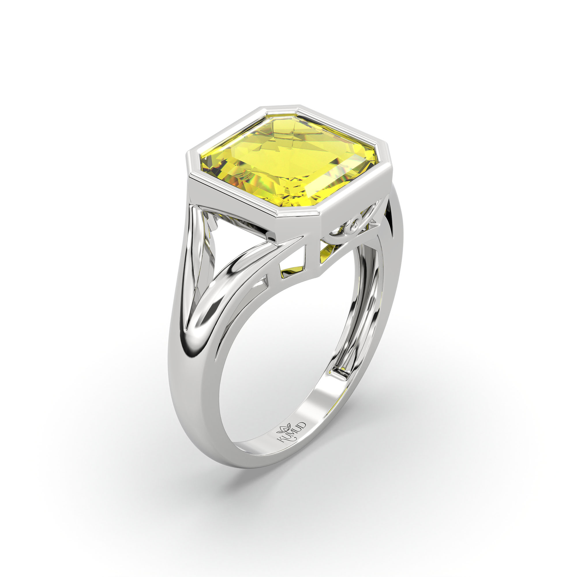 Yellow Sapphire (Pukhraj) Ring in 18K White Gold – Cushion 8 mm, Bezel Setting, 6 g (Design K15-25) thumbnail