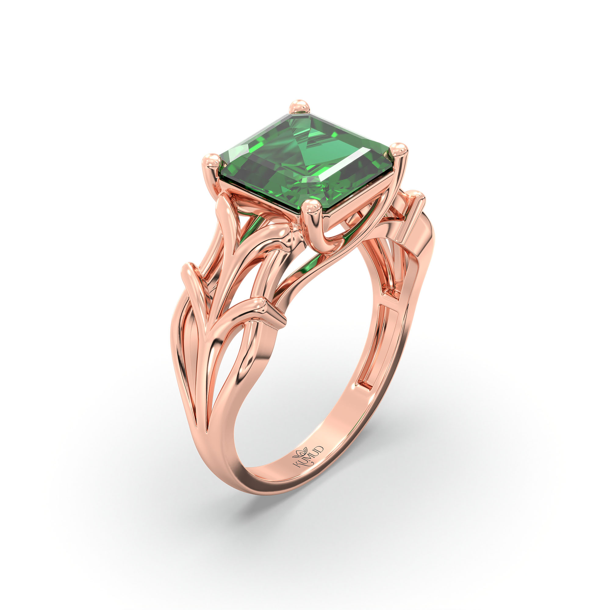 Emerald (Panna) Ring in 18K Rose Gold – Cushion 8 mm, Prong Setting, 5 g (Design K15-26) thumbnail