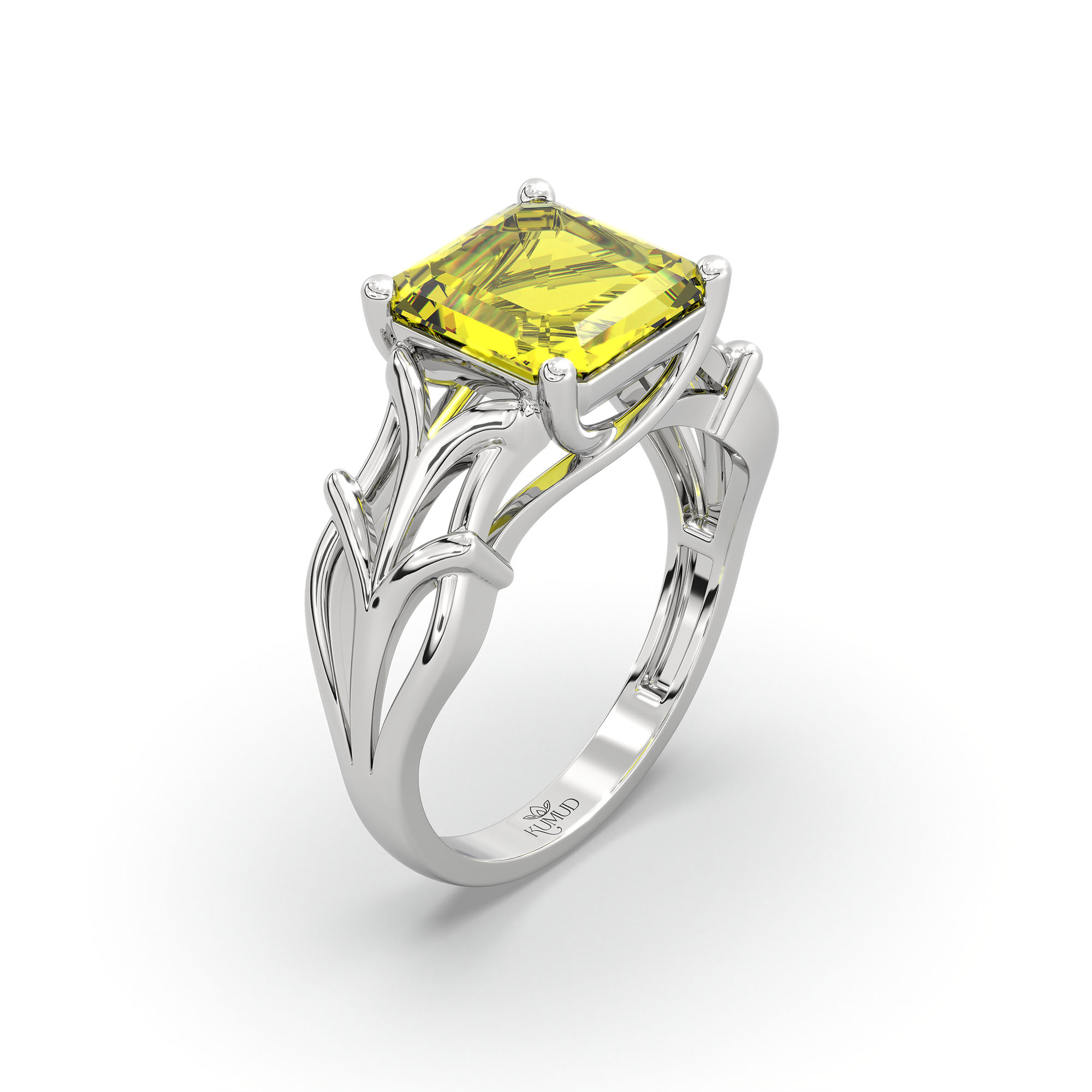 Yellow Sapphire (Pukhraj) Ring in 18K White Gold – Cushion 8 mm, Prong Setting, 5 g (Design K15-26) thumbnail