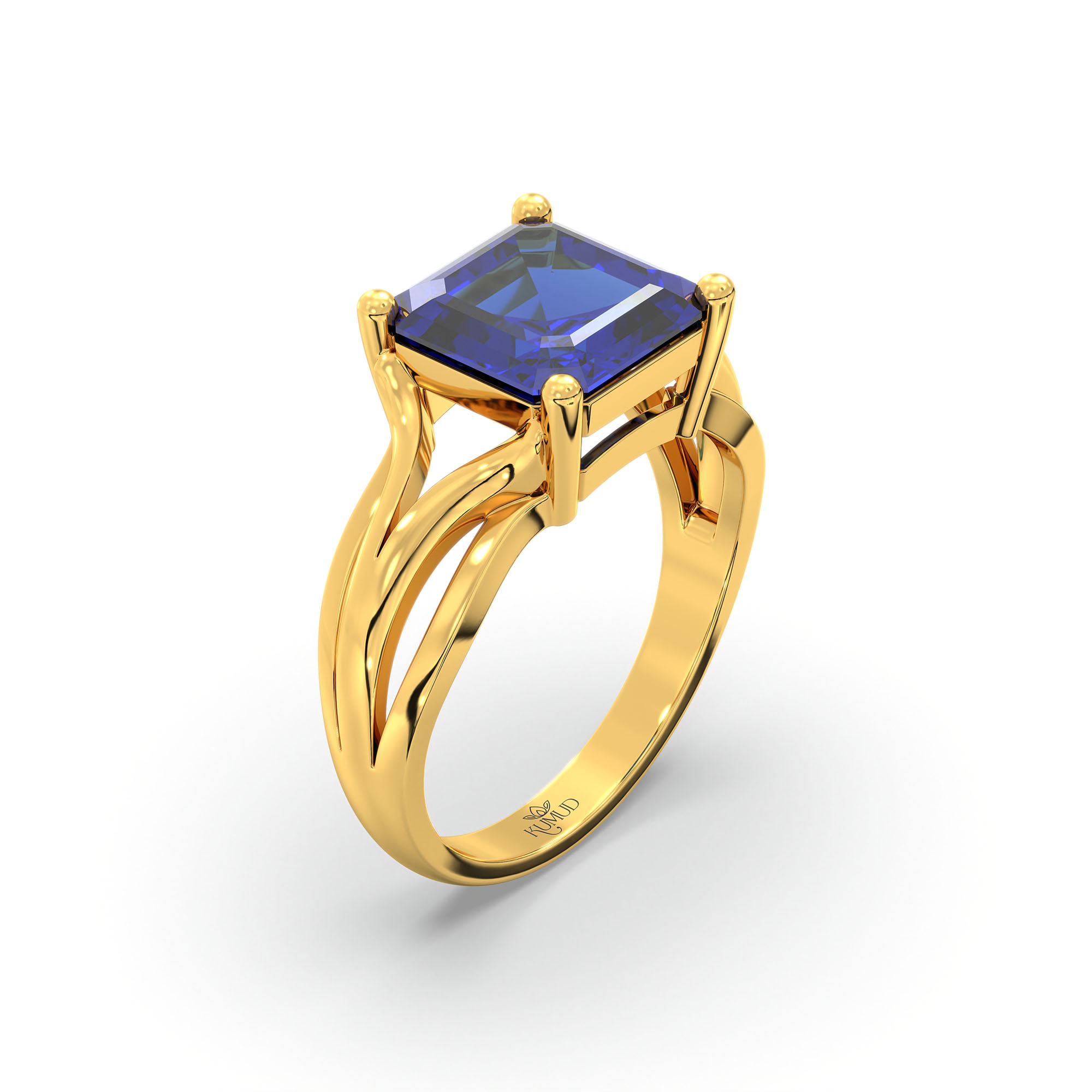 Blue Sapphire (Neelam) Ring in 22K Yellow Gold – Cushion 8 mm, Prong Setting, 5 g (Design K15-27) thumbnail