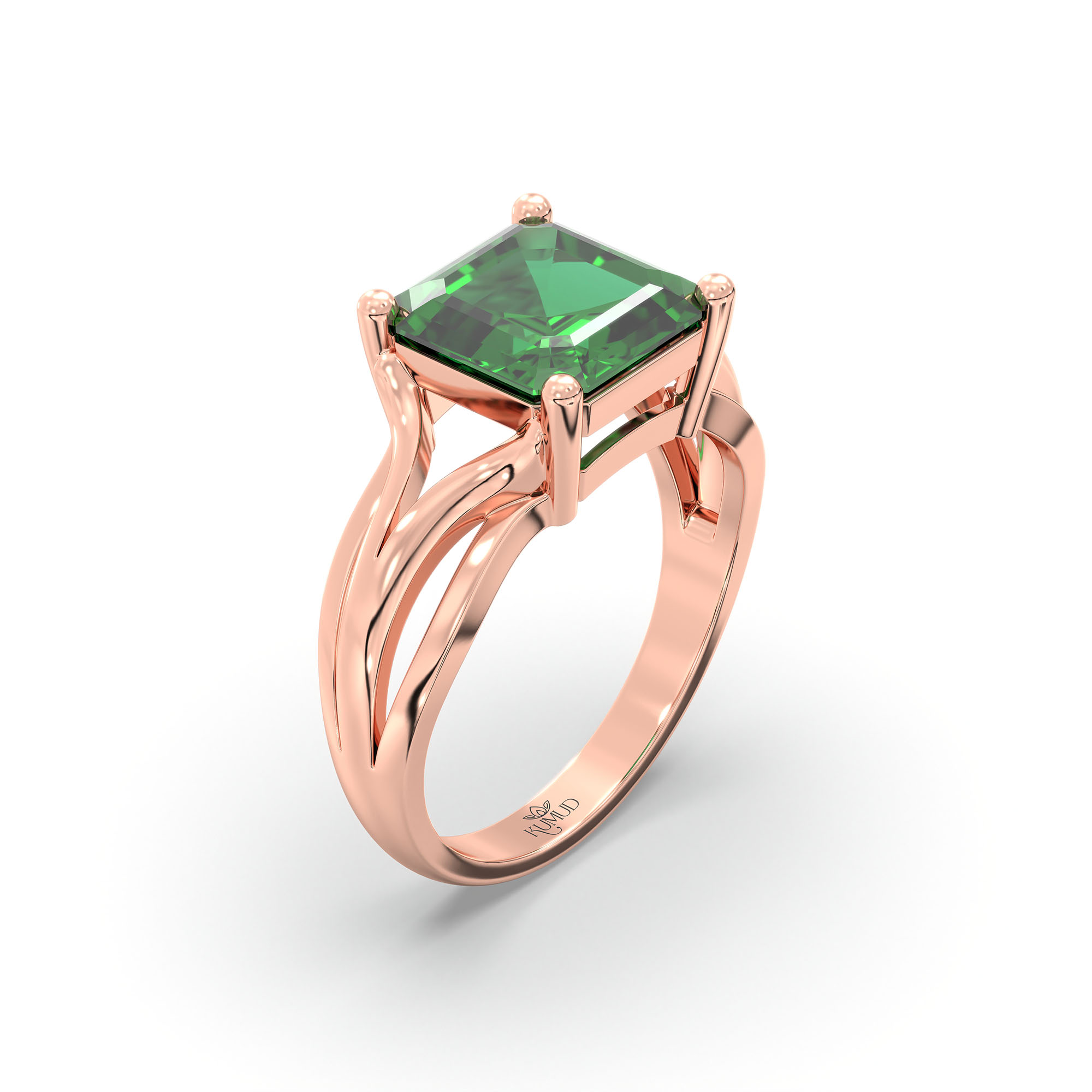 Emerald (Panna) Ring in 18K Rose Gold – Cushion 8 mm, Prong Setting, 5 g (Design K15-27) thumbnail