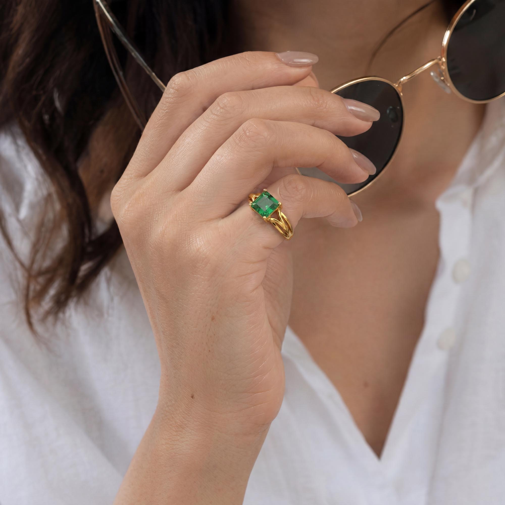 Emerald (Panna) Ring in 22K Yellow Gold – Cushion 8 mm, Prong Setting, 5 g (Design K15-27) thumbnail