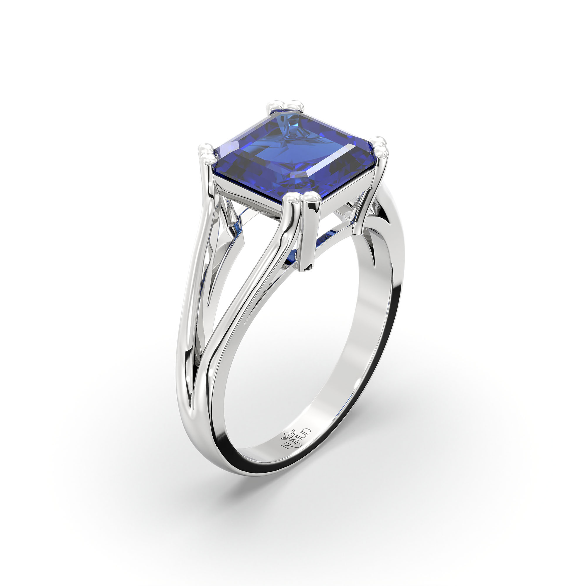 Blue Sapphire (Neelam) Ring in 18K White Gold – Cushion 8 mm, Prong Setting, 5 g (Design K15-29) thumbnail