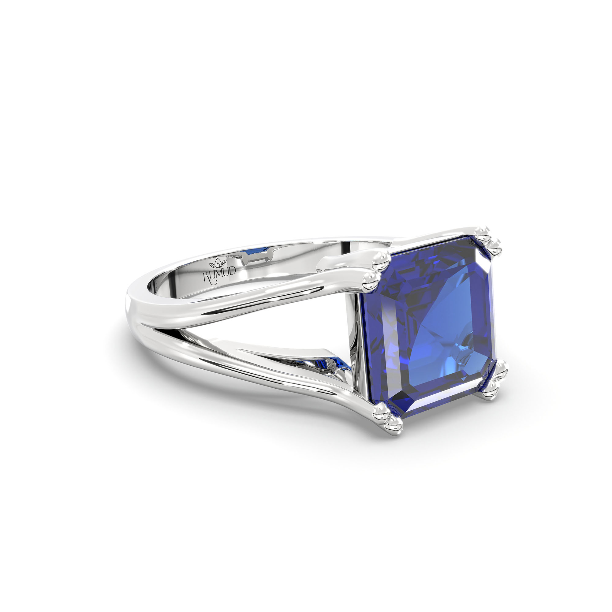 Blue Sapphire (Neelam) Ring in 18K White Gold – Cushion 8 mm, Prong Setting, 5 g (Design K15-29) thumbnail