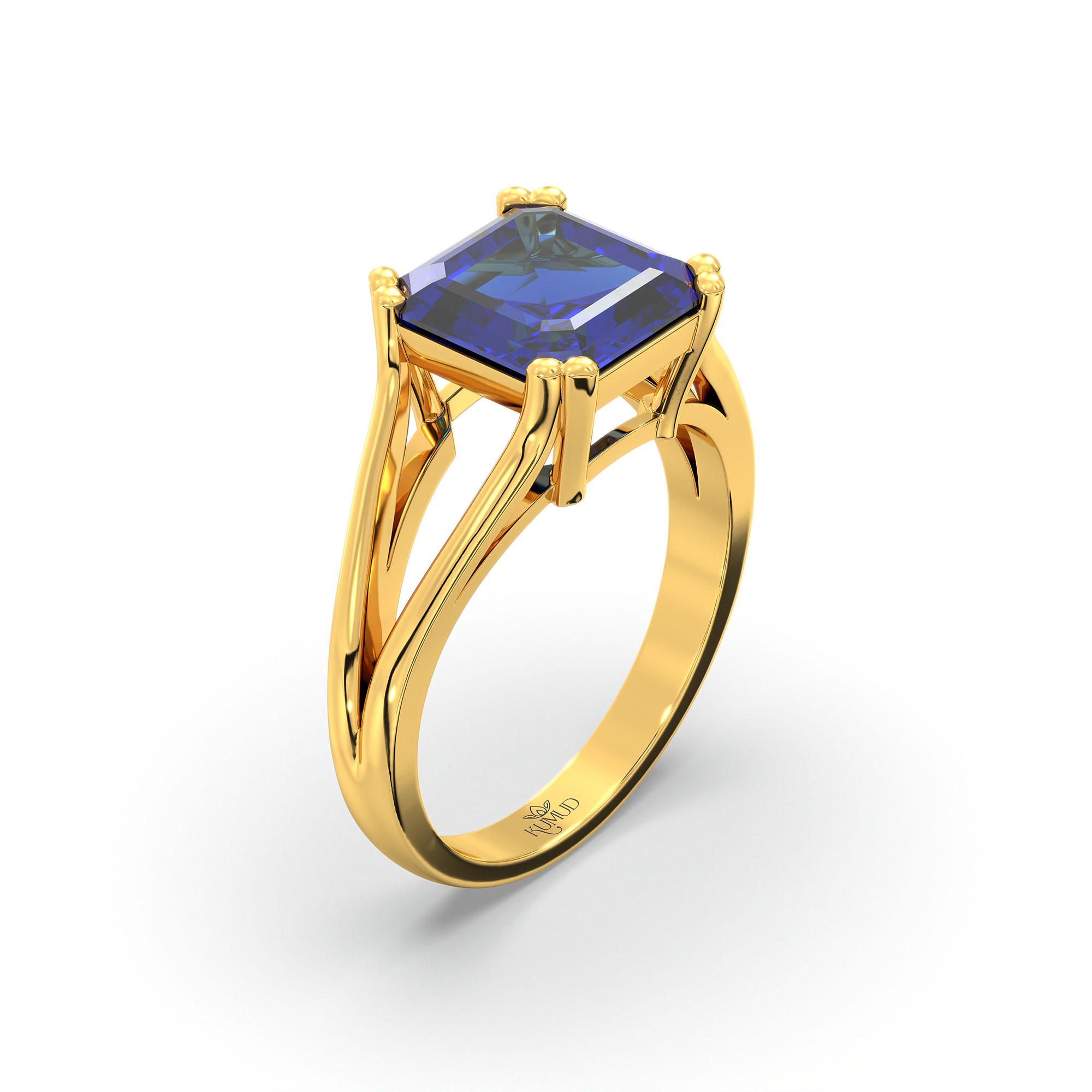 Blue Sapphire (Neelam) Ring in 22K Yellow Gold – Cushion 8 mm, Prong Setting, 5 g (Design K15-29) thumbnail