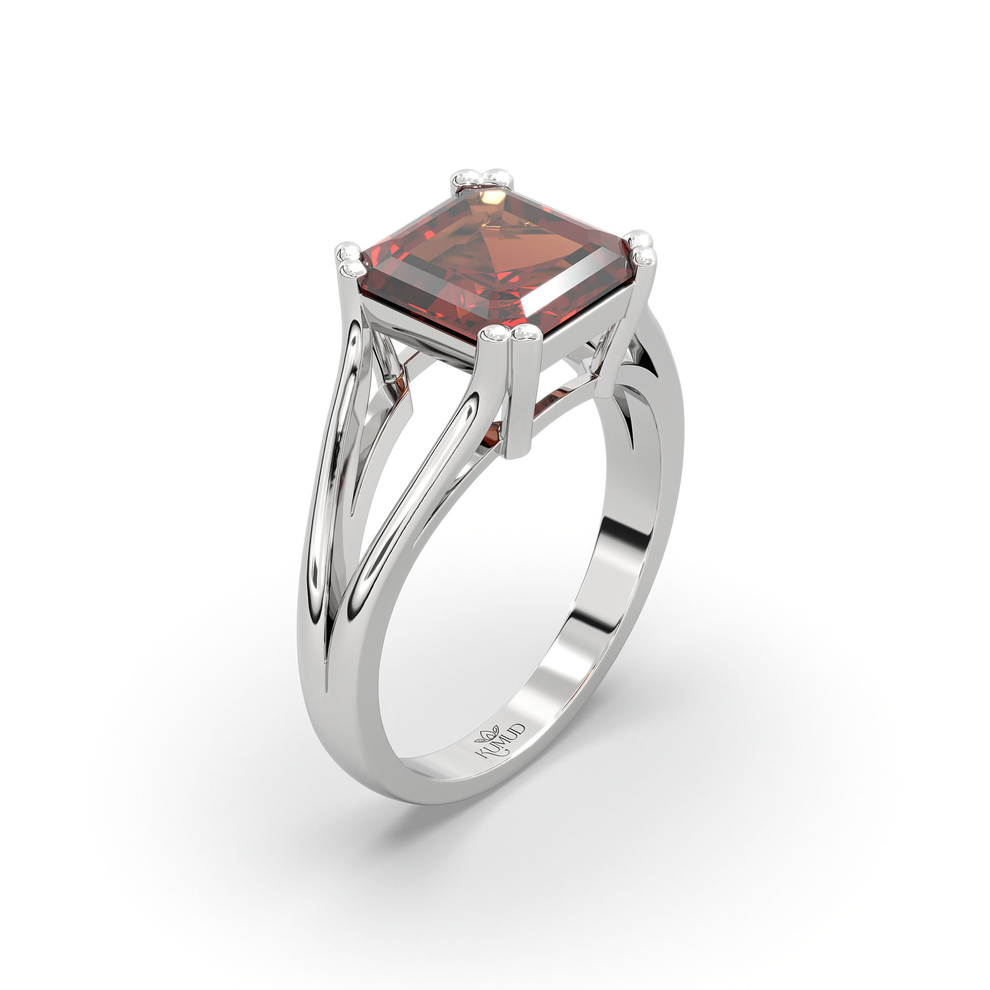 Hessonite (Gomed) Ring in 18K White Gold – Cushion 8 mm, Prong Setting, 5 g (Design K15-29) thumbnail