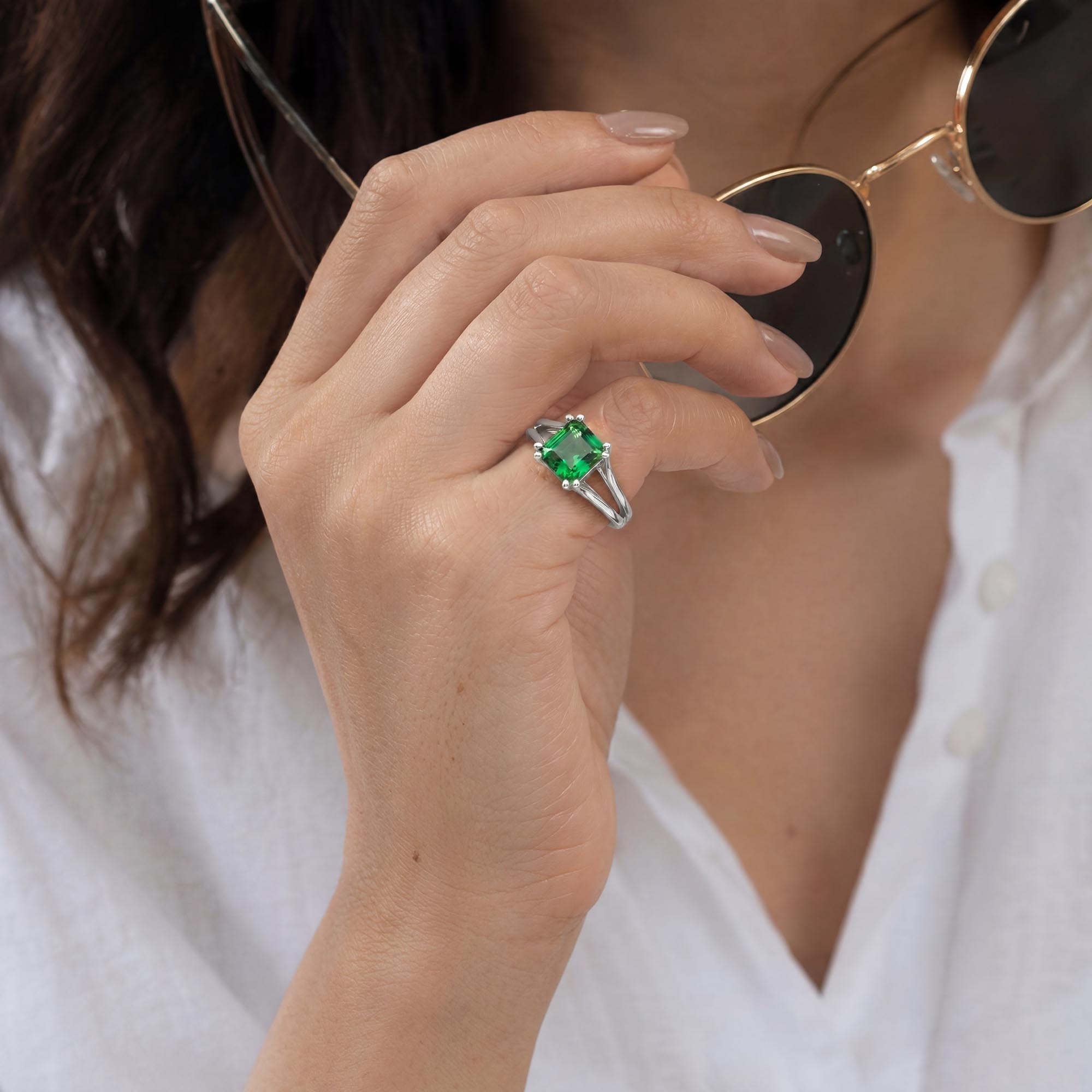 Emerald (Panna) Ring in 18K White Gold – Cushion 8 mm, Prong Setting, 6 g (Design K15-30) thumbnail