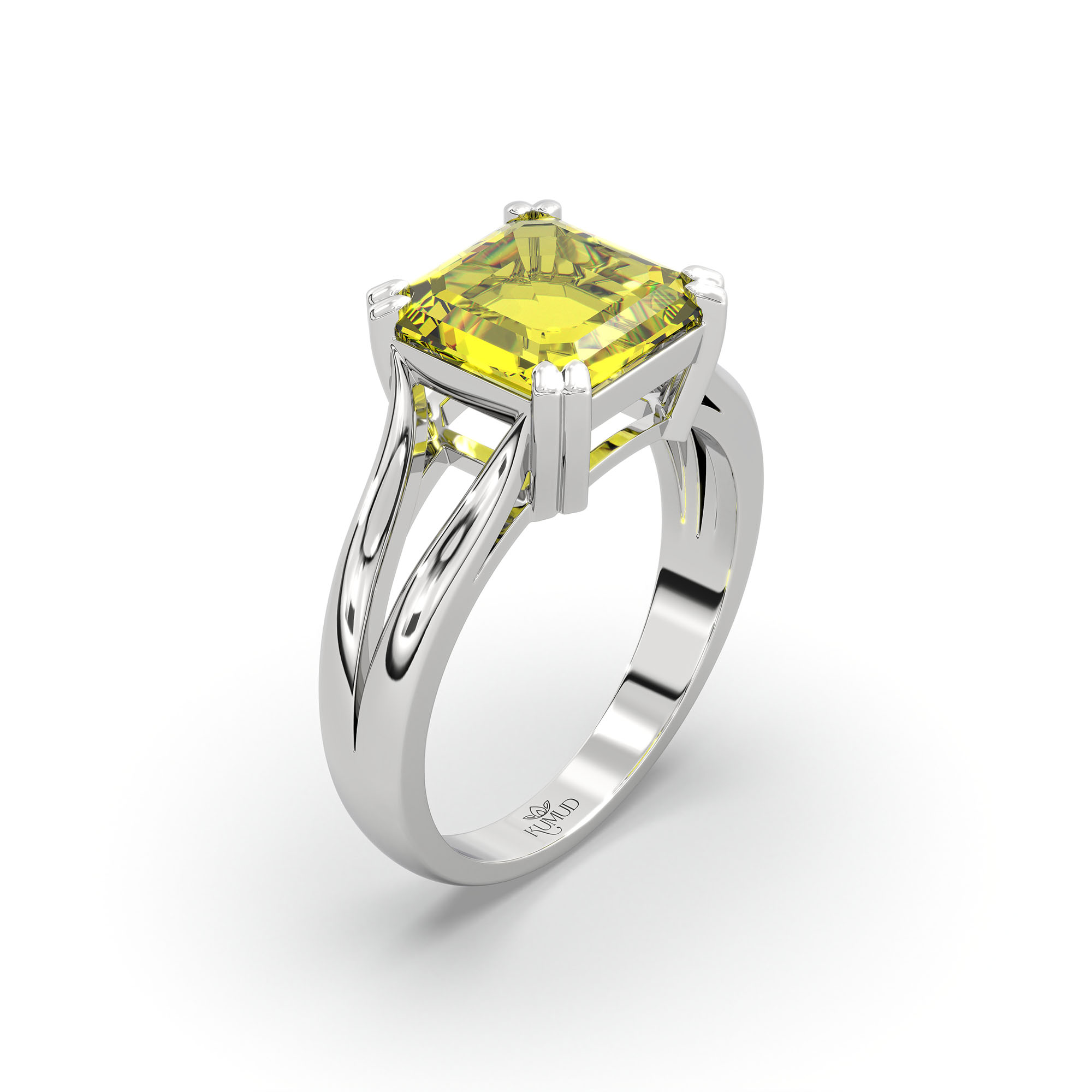 Yellow Sapphire (Pukhraj) Ring in 18K White Gold – Cushion 8 mm, Prong Setting, 6 g (Design K15-30) thumbnail