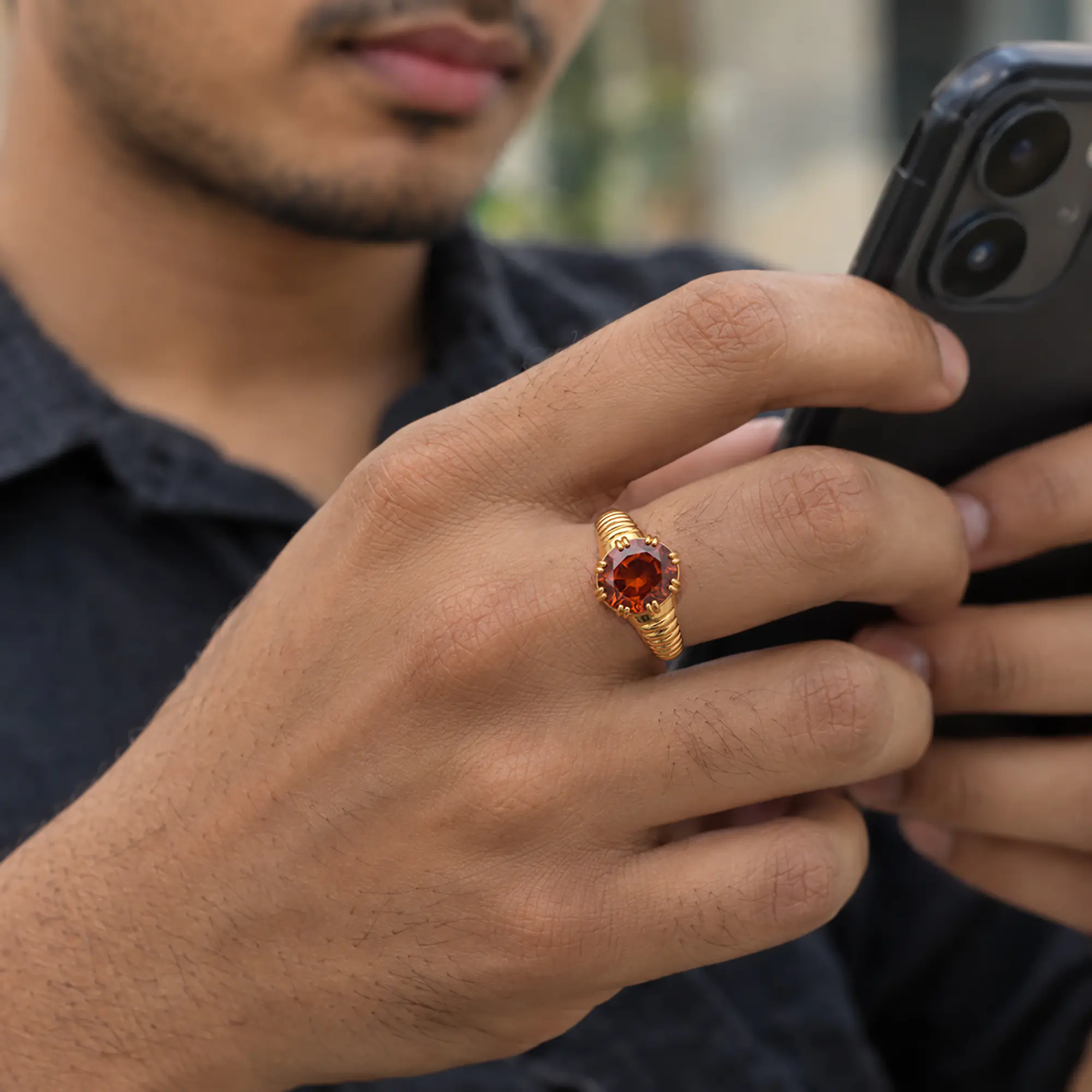 Hessonite (Gomed) Ring for Men in 22K Yellow Gold – Oval 9x8 mm, Prong Setting, 6 g (Design K16A-1) thumbnail