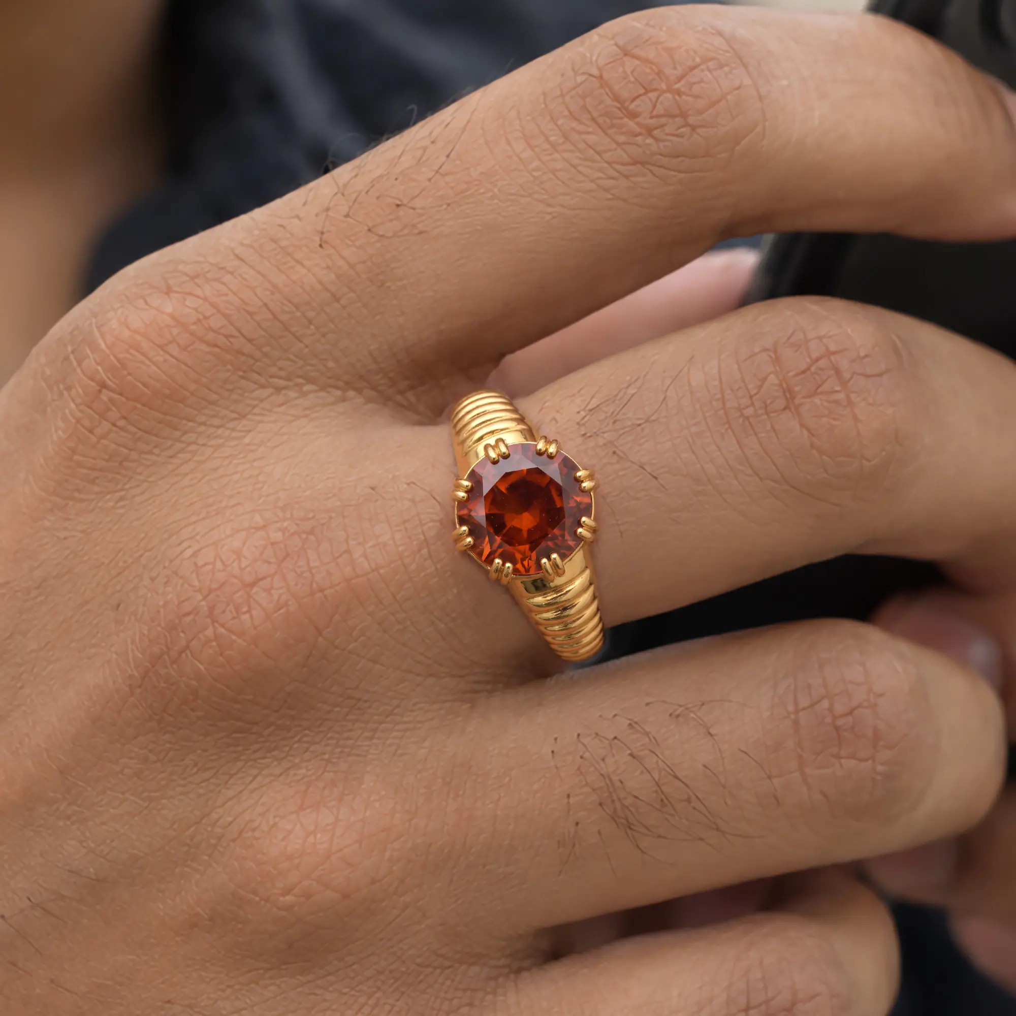 Hessonite (Gomed) Ring for Men in 22K Yellow Gold – Oval 9x8 mm, Prong Setting, 6 g (Design K16A-1) thumbnail