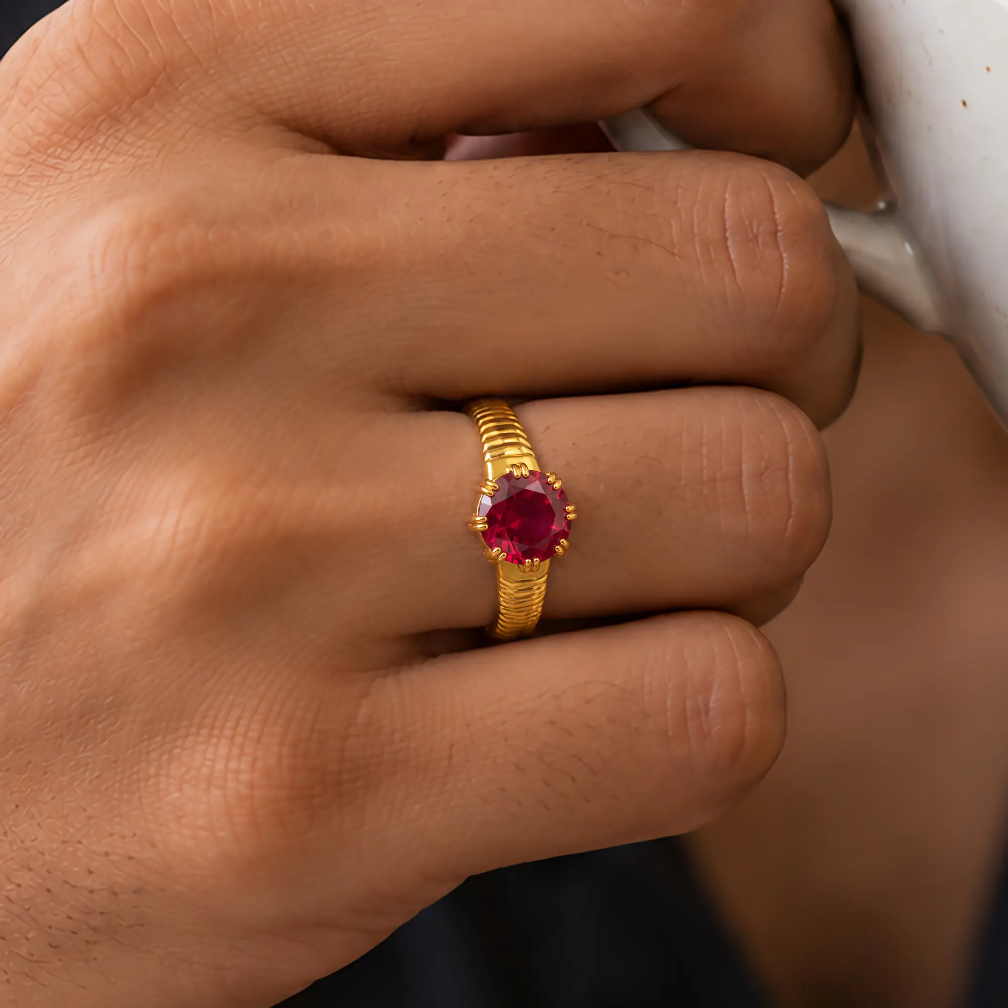 Ruby (Manik) Ring for Men in 22K Yellow Gold – Oval 9x8 mm, Prong Setting, 6 g (Design K16A-1) thumbnail