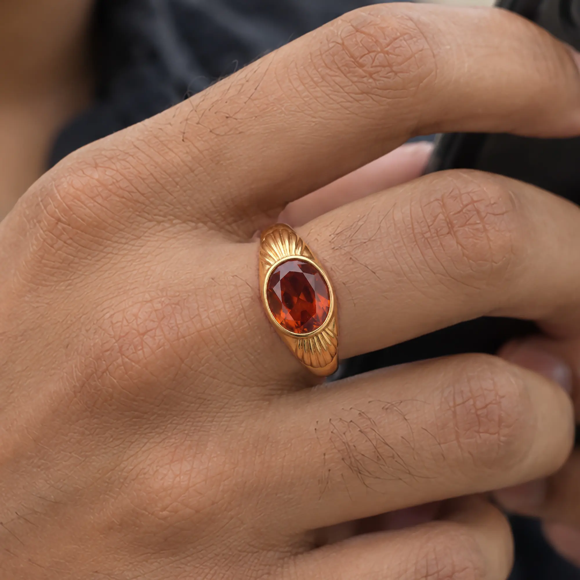 Hessonite (Gomed) Ring for Men in 22K Yellow Gold – Oval 13x8 mm, Prong Setting, 8 g (Design K16A-2) thumbnail