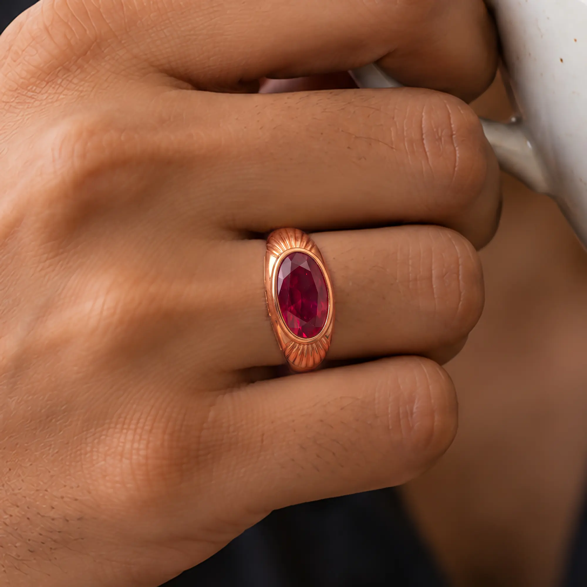 Ruby (Manik) Ring for Men in 18K Rose Gold – Oval 13x8 mm, Prong Setting, 8 g (Design K16A-2) thumbnail