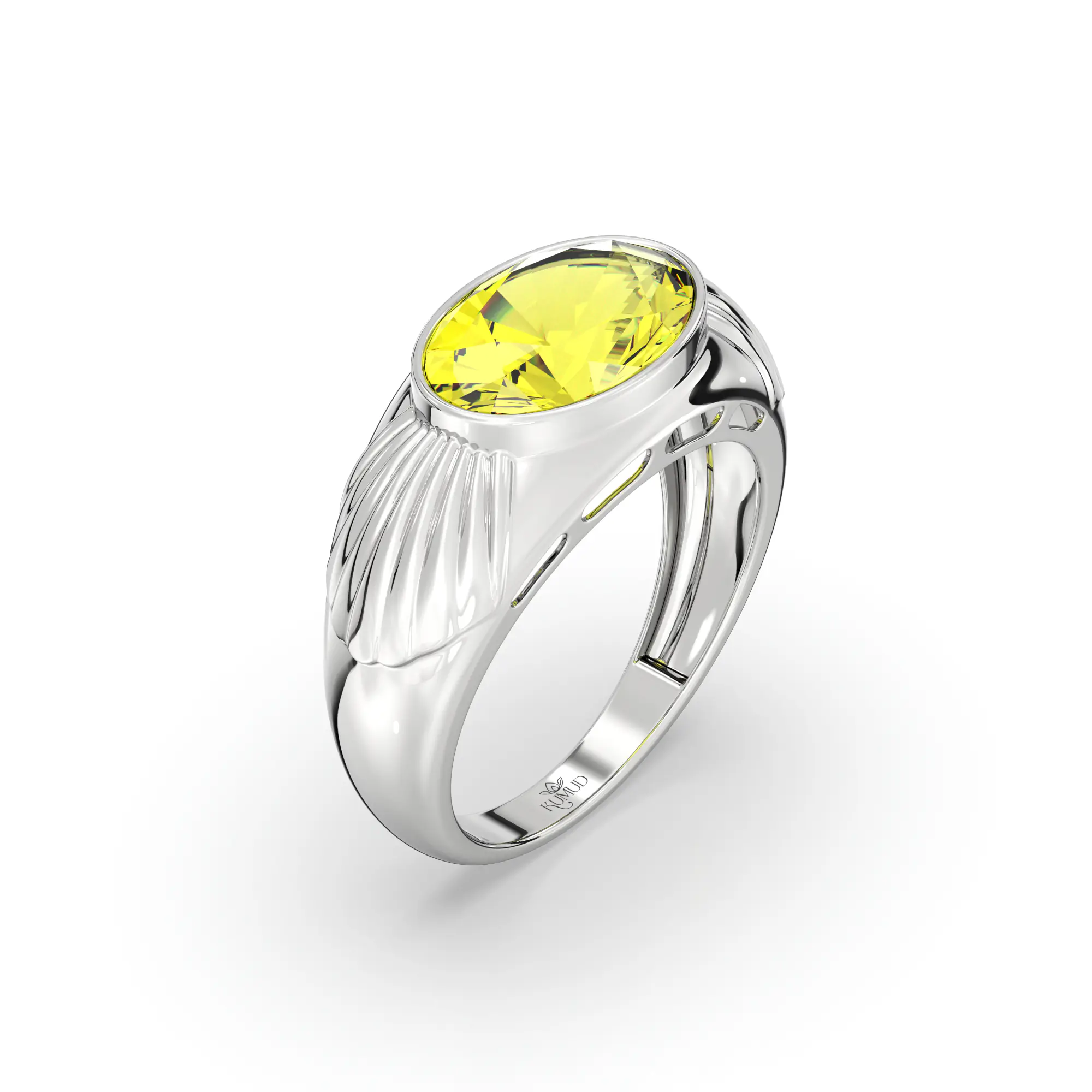 Yellow Sapphire (Pukhraj) Ring for Men in 18K White Gold – Oval 13x8 mm, Prong Setting, 8 g (Design K16A-2) thumbnail