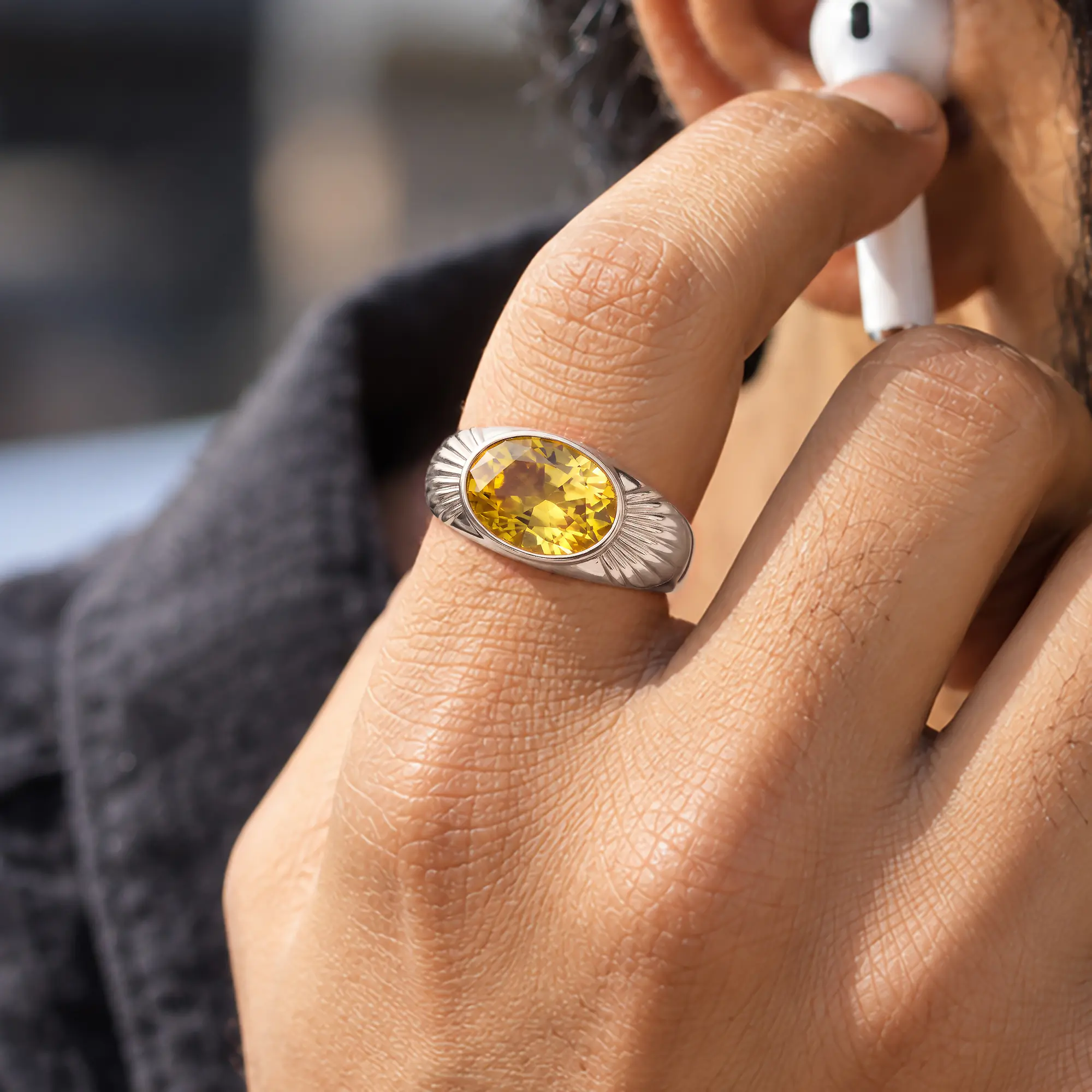 Yellow Sapphire (Pukhraj) Ring for Men in 18K White Gold – Oval 13x8 mm, Prong Setting, 8 g (Design K16A-2) thumbnail