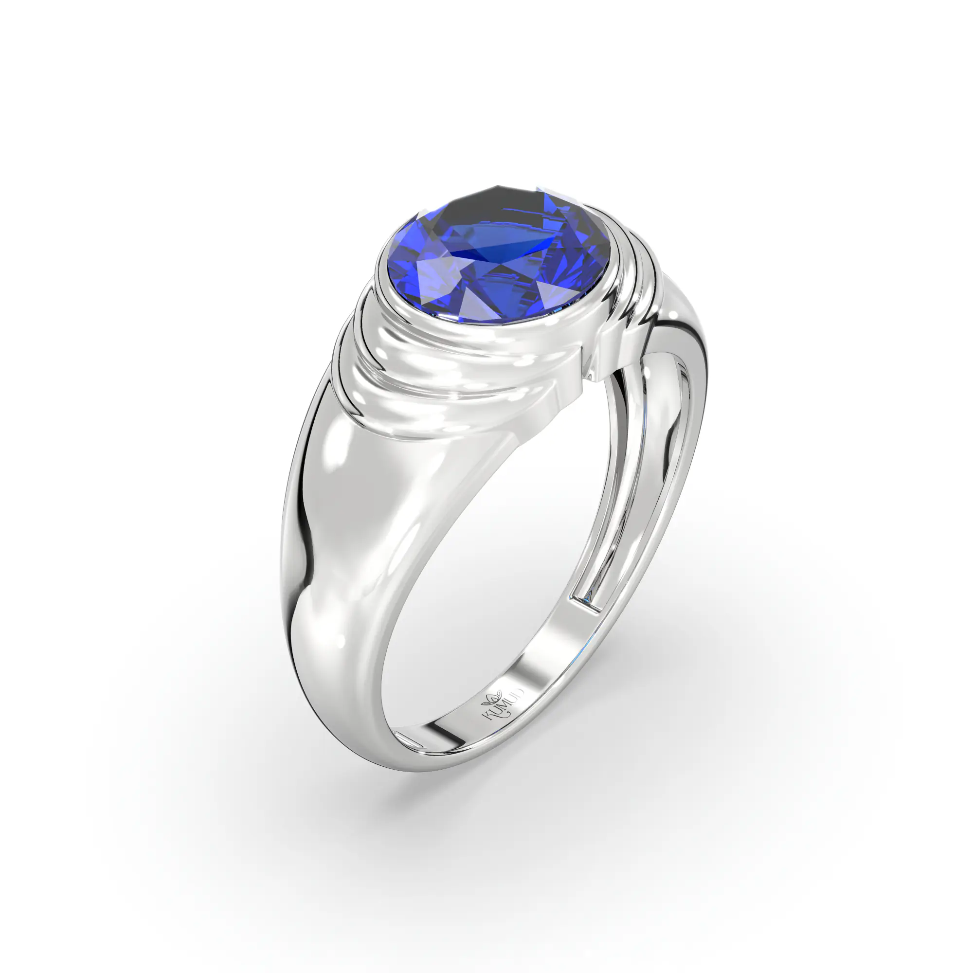 Blue Sapphire (Neelam) Ring for Men in 18K White Gold – Oval 9x8 mm, Prong Setting, 8 g (Design K16A-3) thumbnail