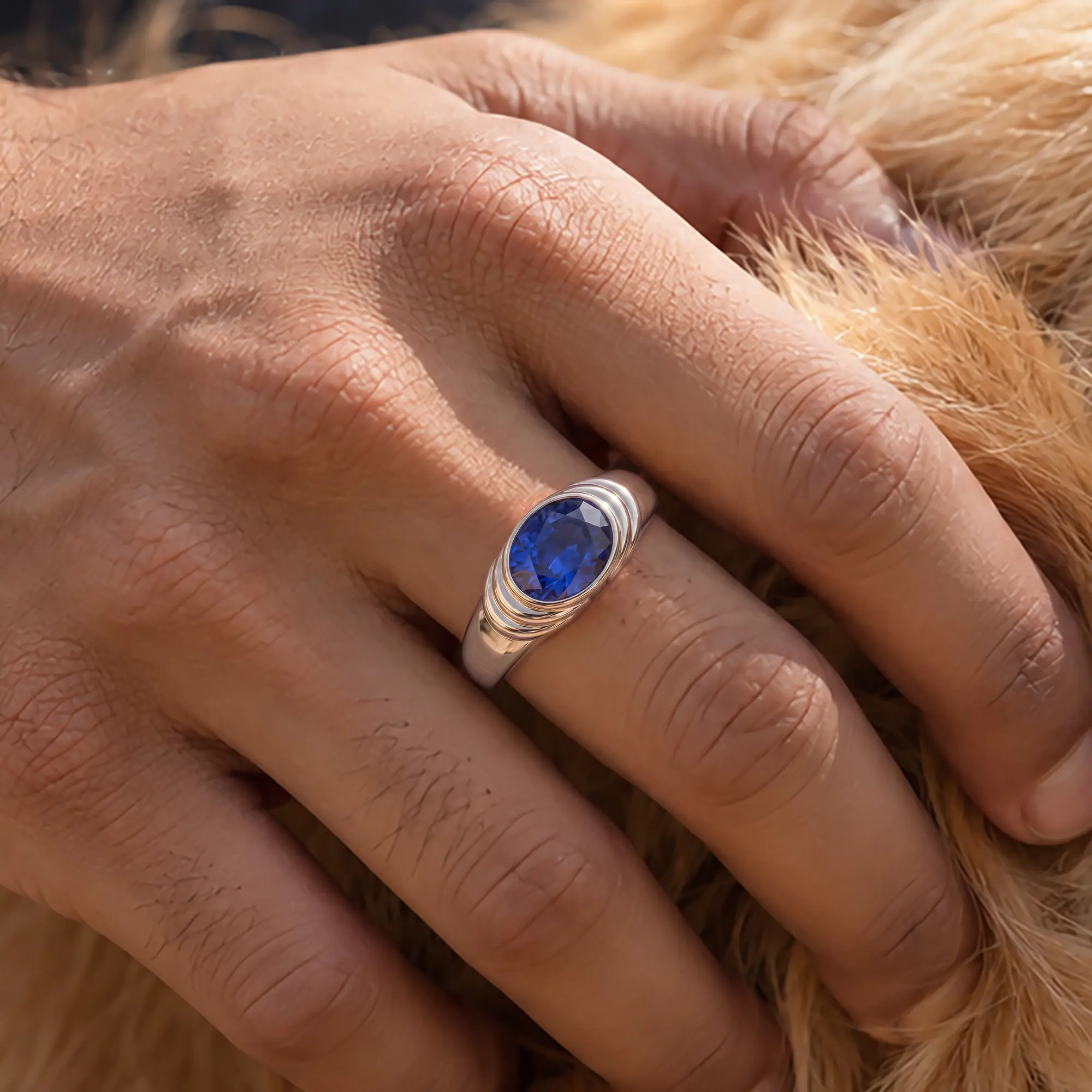 Blue Sapphire (Neelam) Ring for Men in 18K White Gold – Oval 9x8 mm, Prong Setting, 8 g (Design K16A-3) thumbnail