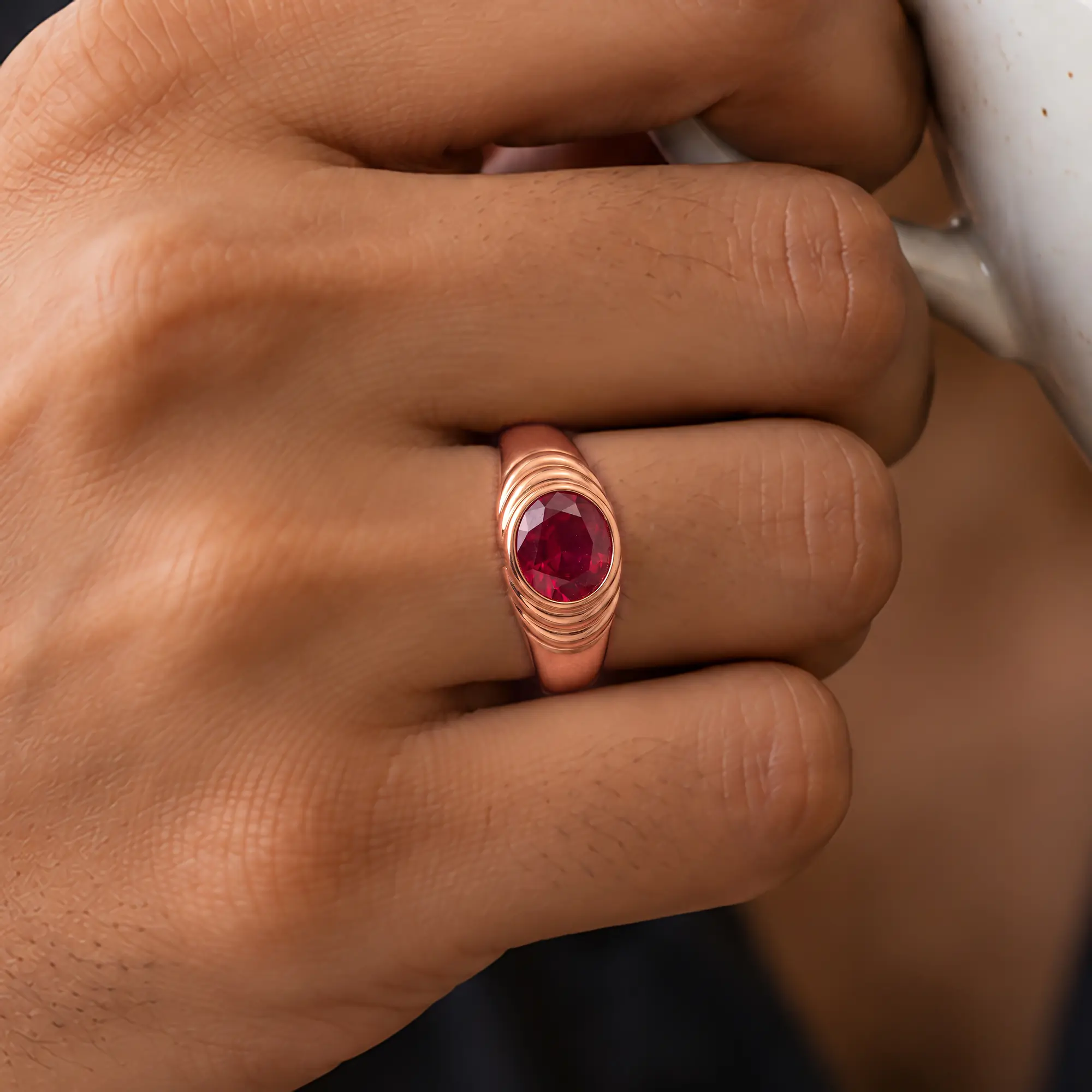Ruby (Manik) Ring for Men in 18K Rose Gold – Oval 9x8 mm, Prong Setting, 8 g (Design K16A-3) thumbnail