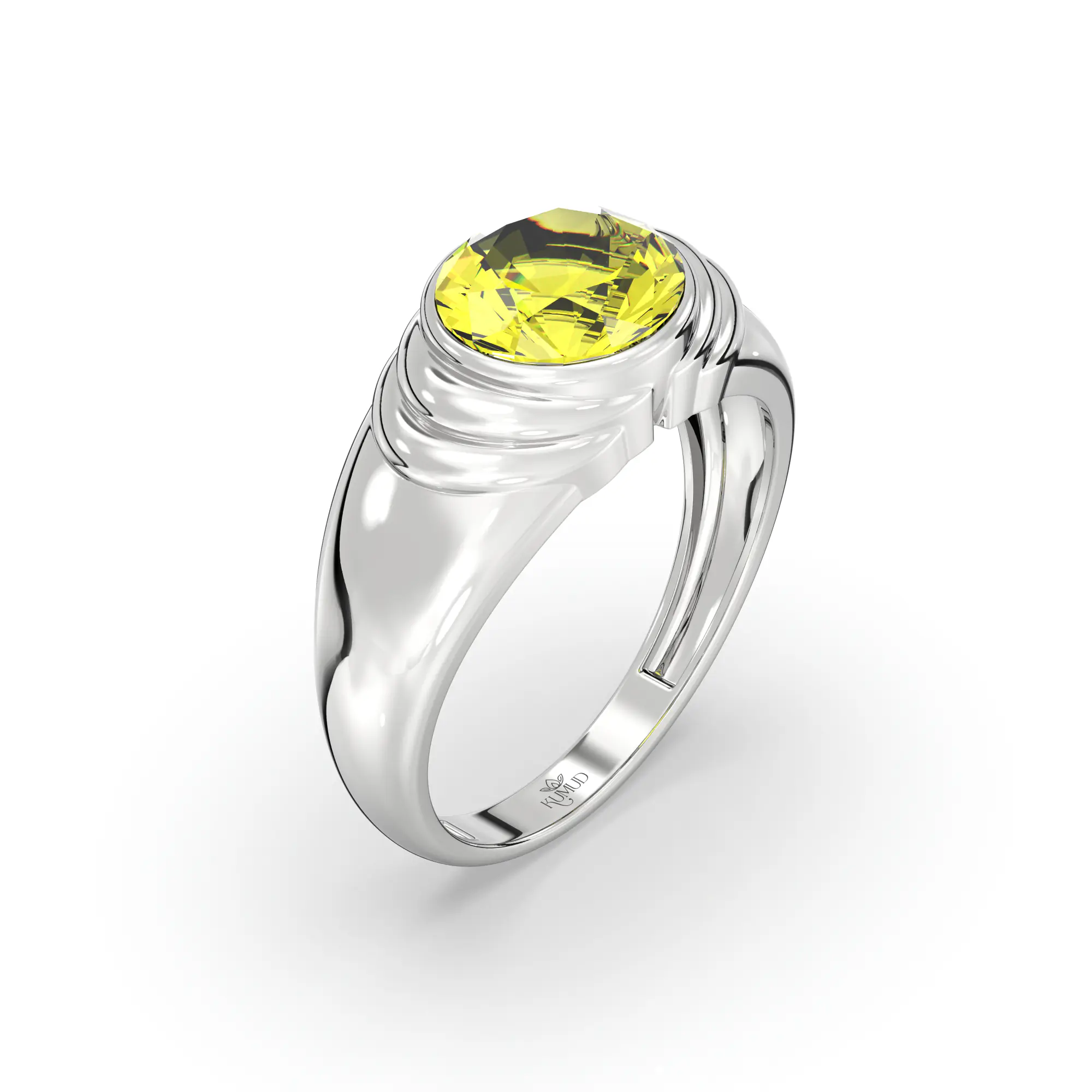 Yellow Sapphire (Pukhraj) Ring for Men in 18K White Gold – Oval 9x8 mm, Prong Setting, 8 g (Design K16A-3) thumbnail