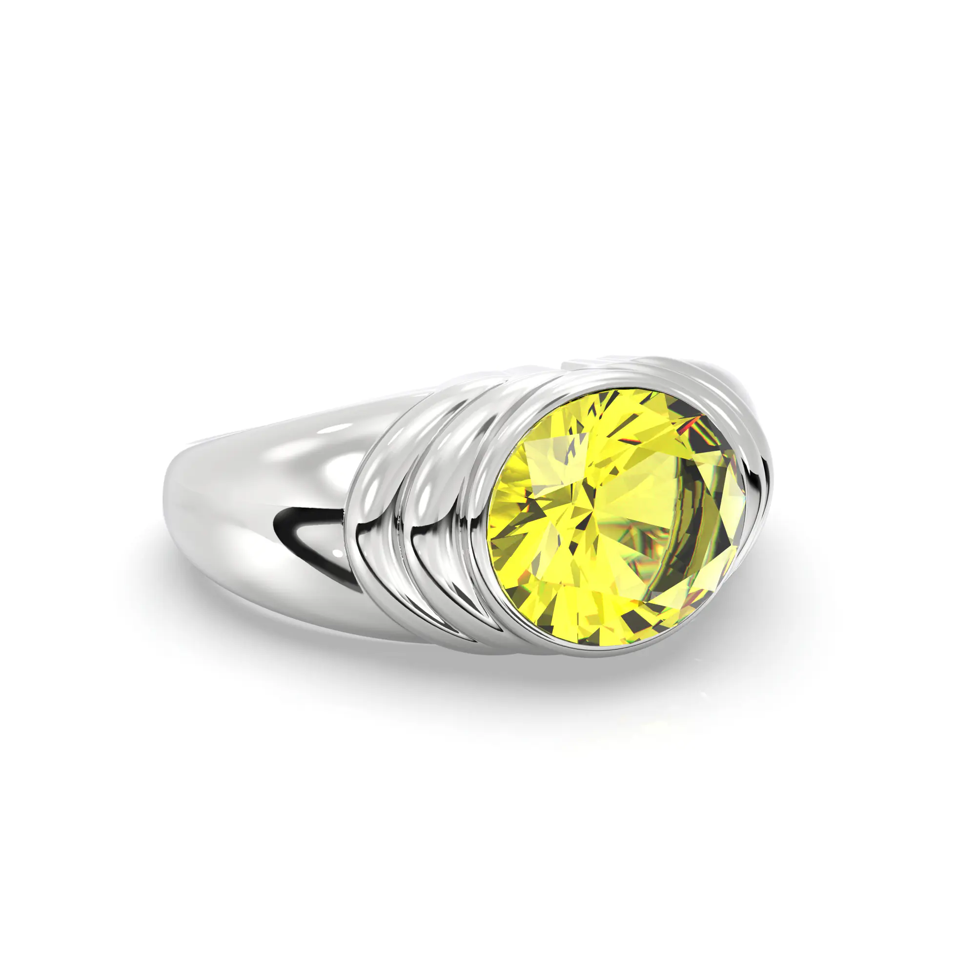 Yellow Sapphire (Pukhraj) Ring for Men in 18K White Gold – Oval 9x8 mm, Prong Setting, 8 g (Design K16A-3) thumbnail