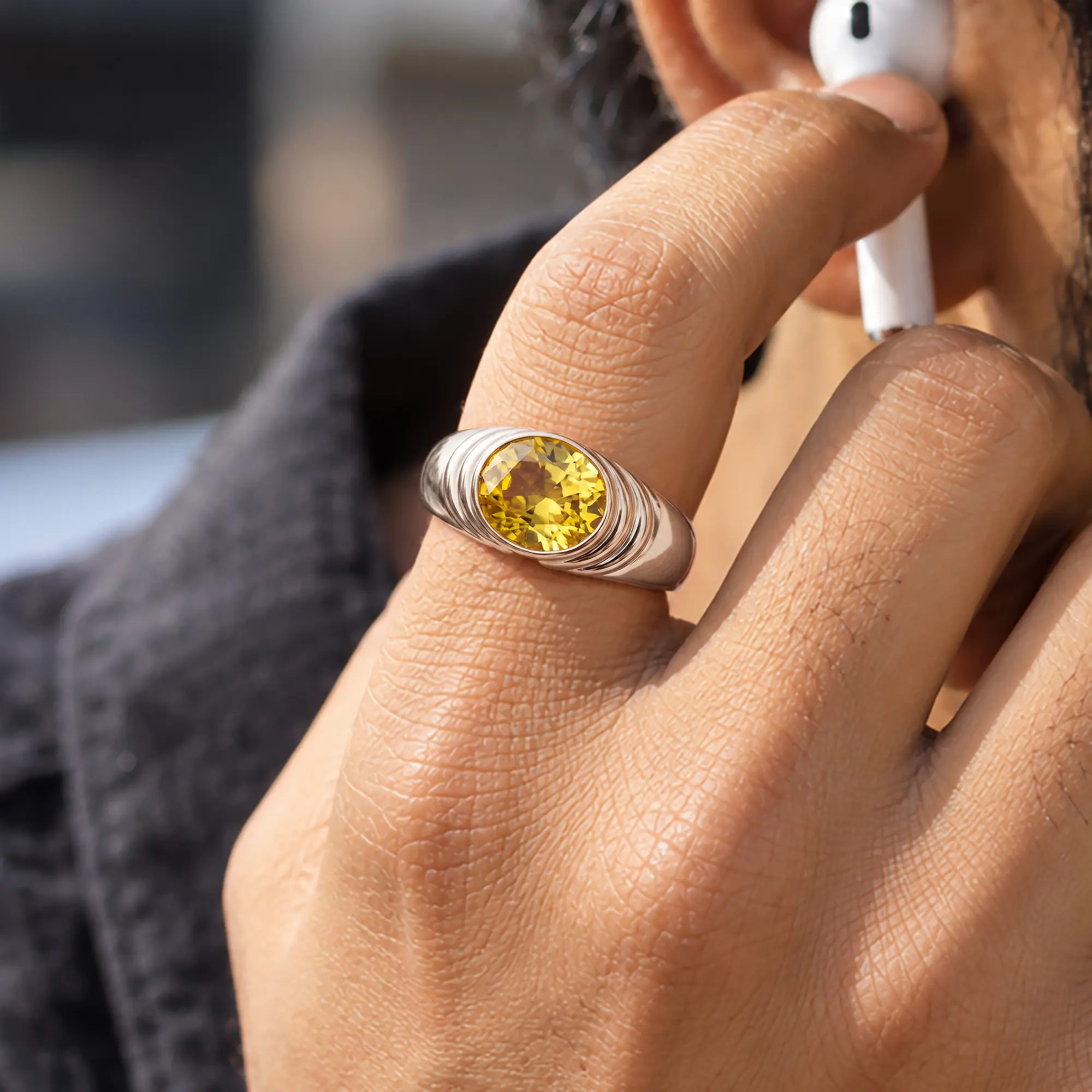Yellow Sapphire (Pukhraj) Ring for Men in 18K White Gold – Oval 9x8 mm, Prong Setting, 8 g (Design K16A-3) thumbnail