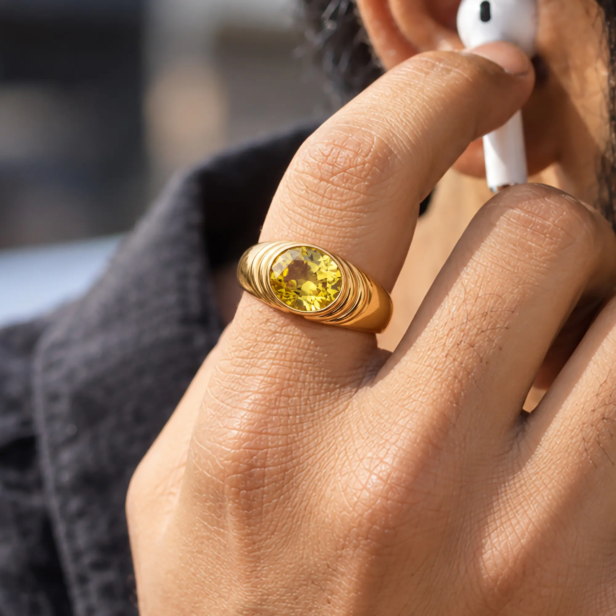 Yellow Sapphire (Pukhraj) Ring for Men in 22K Yellow Gold – Oval 9x8 mm, Prong Setting, 8 g (Design K16A-3) thumbnail