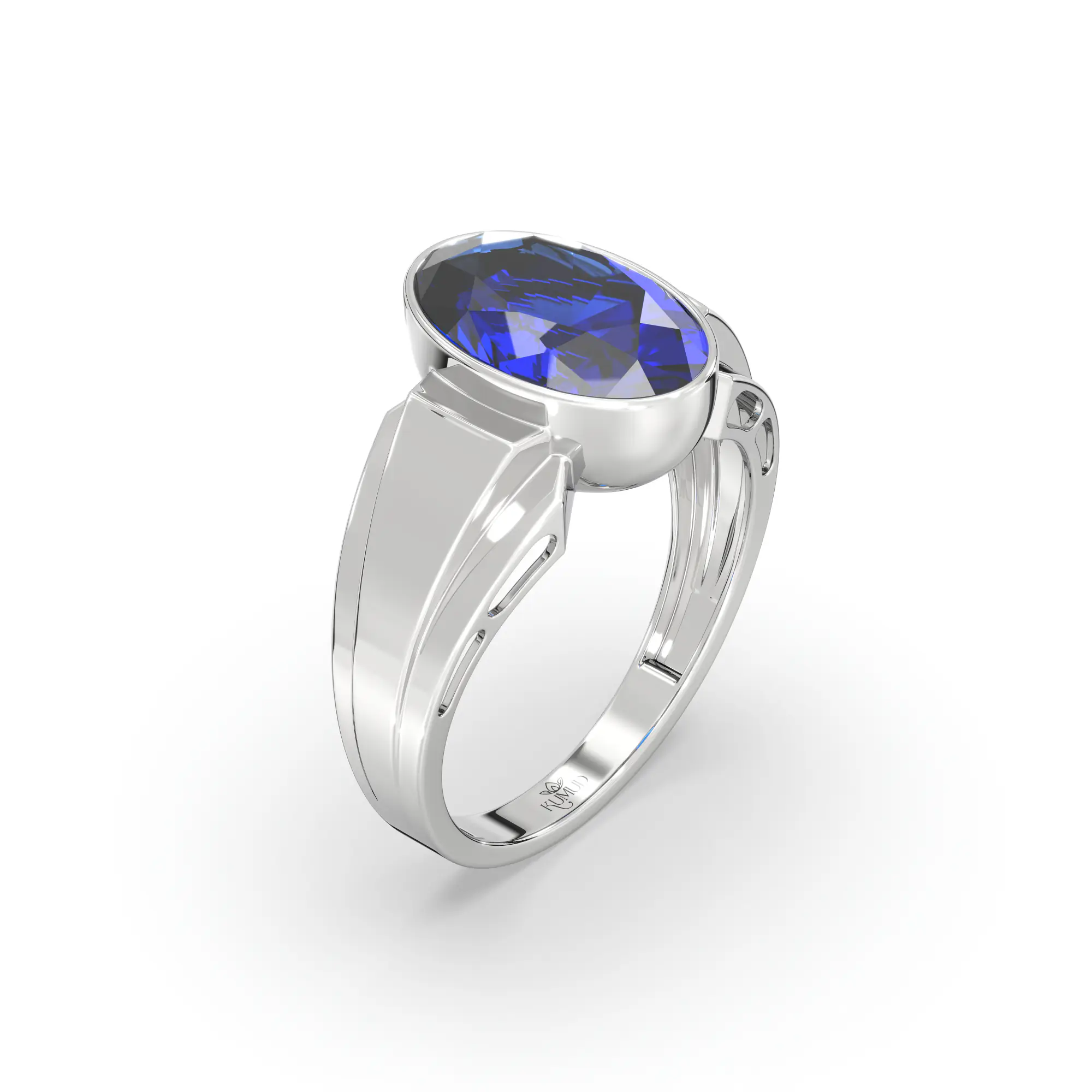 Blue Sapphire (Neelam) Ring for Men in 18K White Gold – Oval 13x8 mm, Prong Setting, 8 g (Design K16A-4) thumbnail