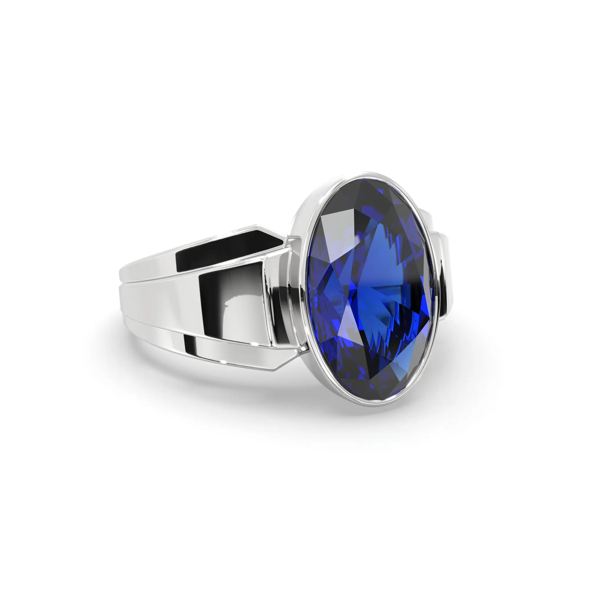 Blue Sapphire (Neelam) Ring for Men in 18K White Gold – Oval 13x8 mm, Prong Setting, 8 g (Design K16A-4) thumbnail