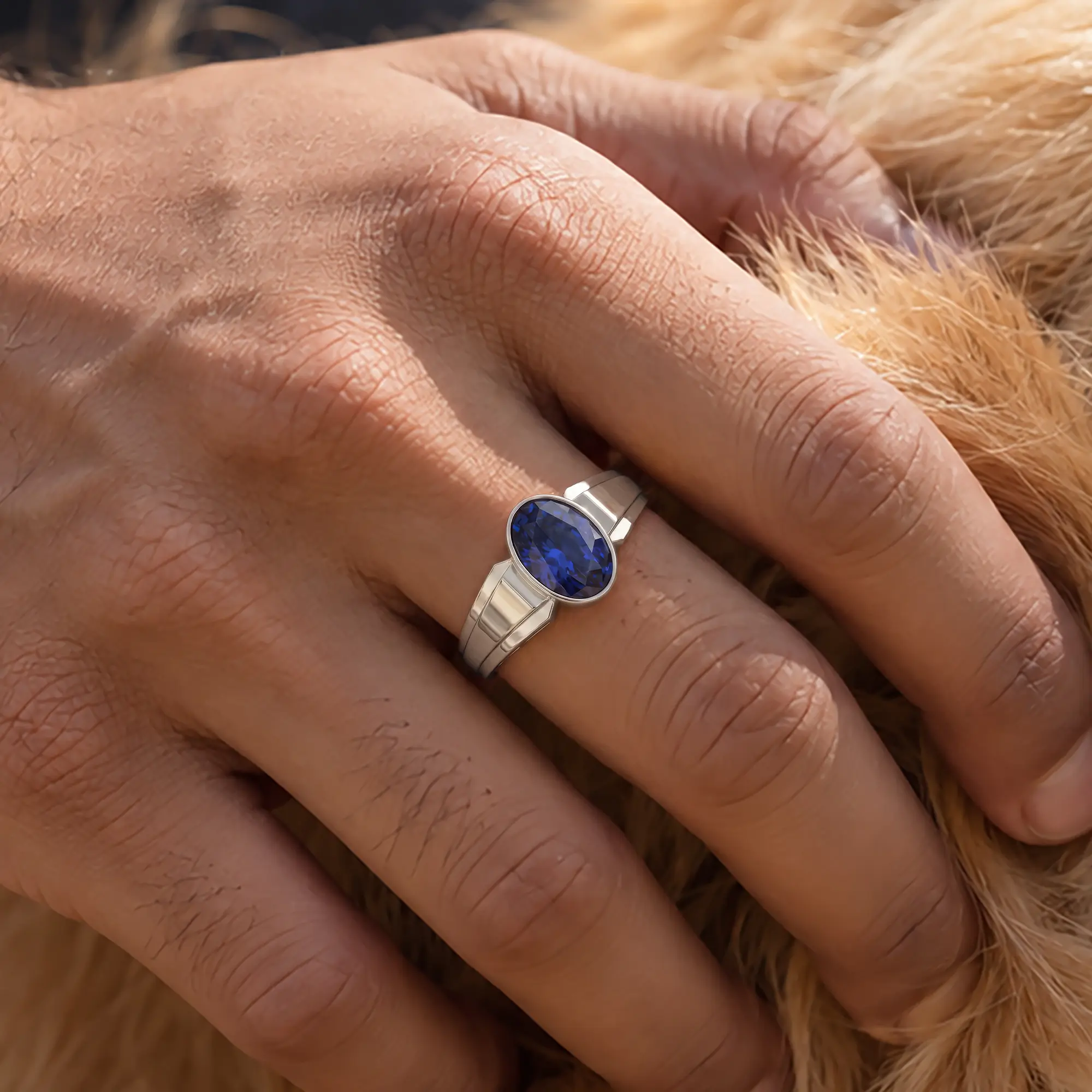 Blue Sapphire (Neelam) Ring for Men in 18K White Gold – Oval 13x8 mm, Prong Setting, 8 g (Design K16A-4) thumbnail