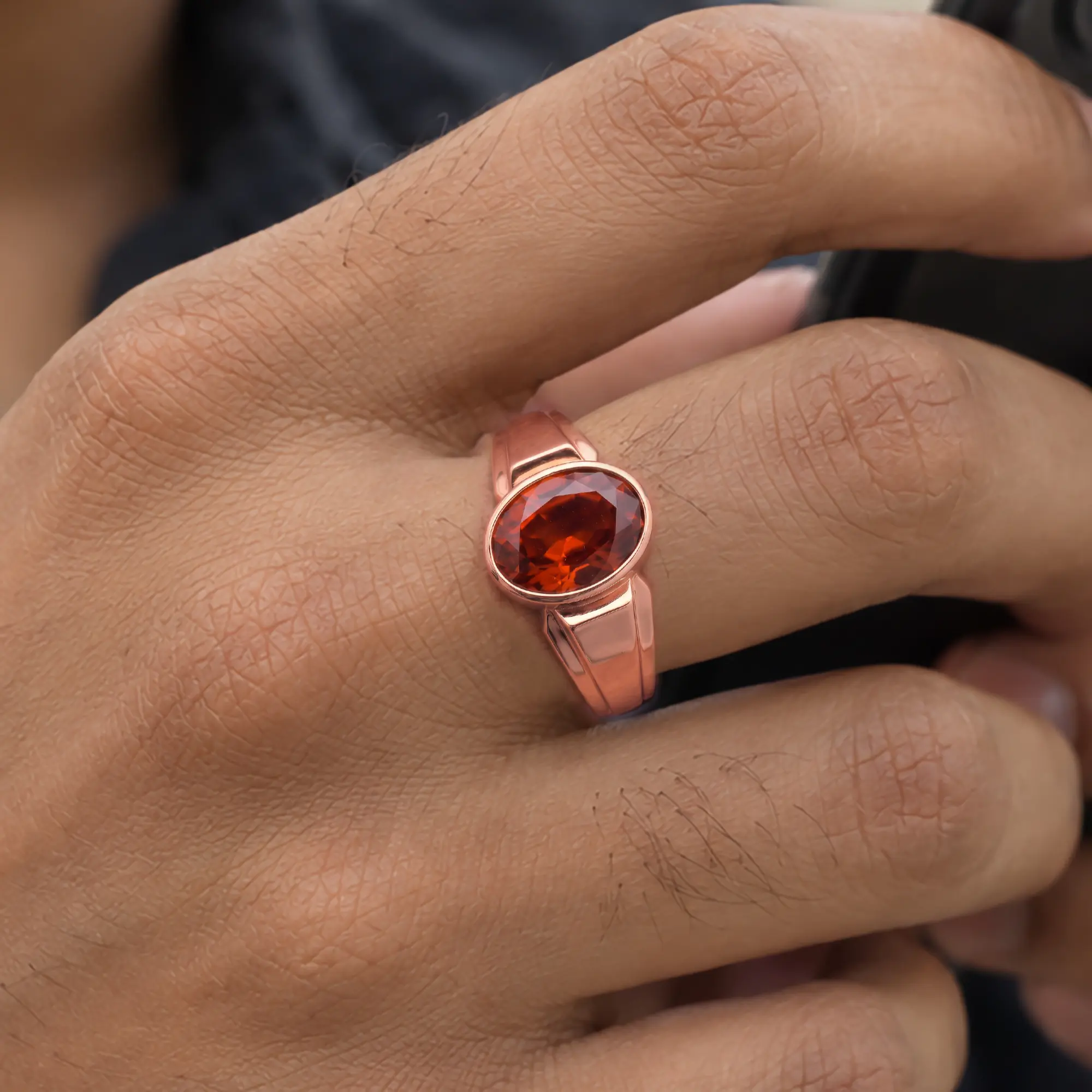 Hessonite (Gomed) Ring for Men in 18K Rose Gold – Oval 13x8 mm, Prong Setting, 8 g (Design K16A-4) thumbnail