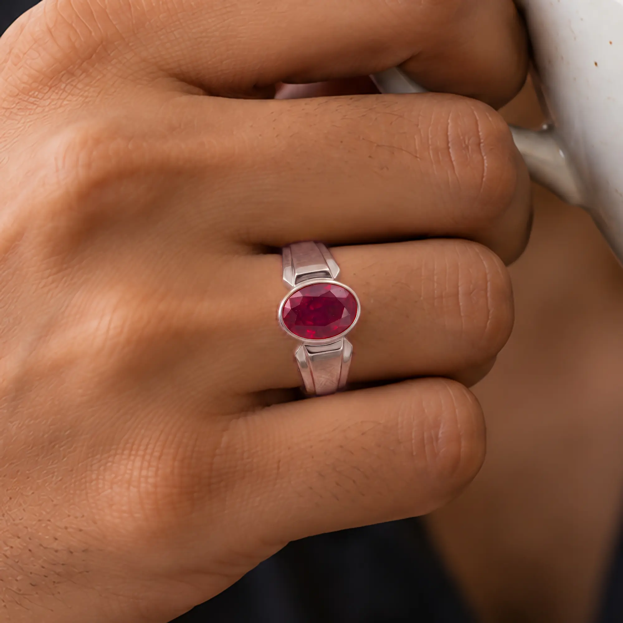 Ruby (Manik) Ring for Men in 18K White Gold – Oval 13x8 mm, Prong Setting, 8 g (Design K16A-4) thumbnail
