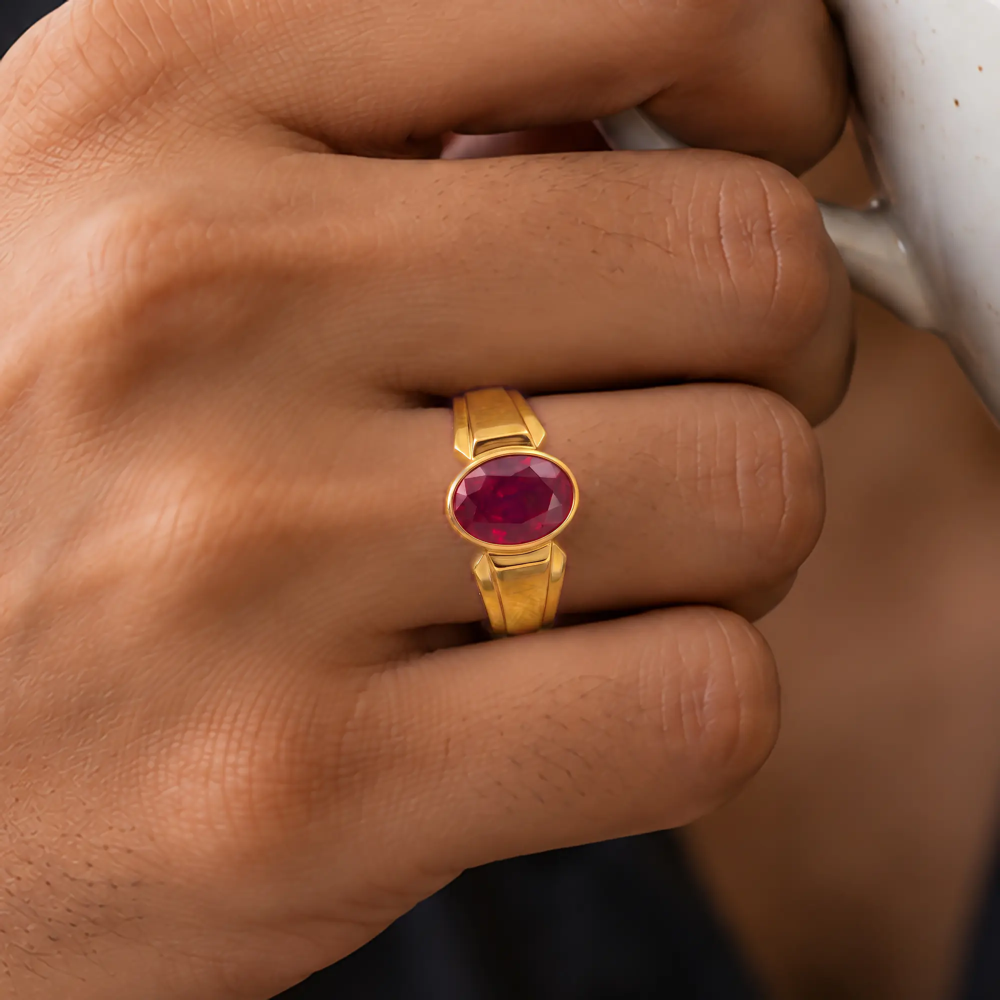 Ruby (Manik) Ring for Men in 22K Yellow Gold – Oval 13x8 mm, Prong Setting, 8 g (Design K16A-4) thumbnail