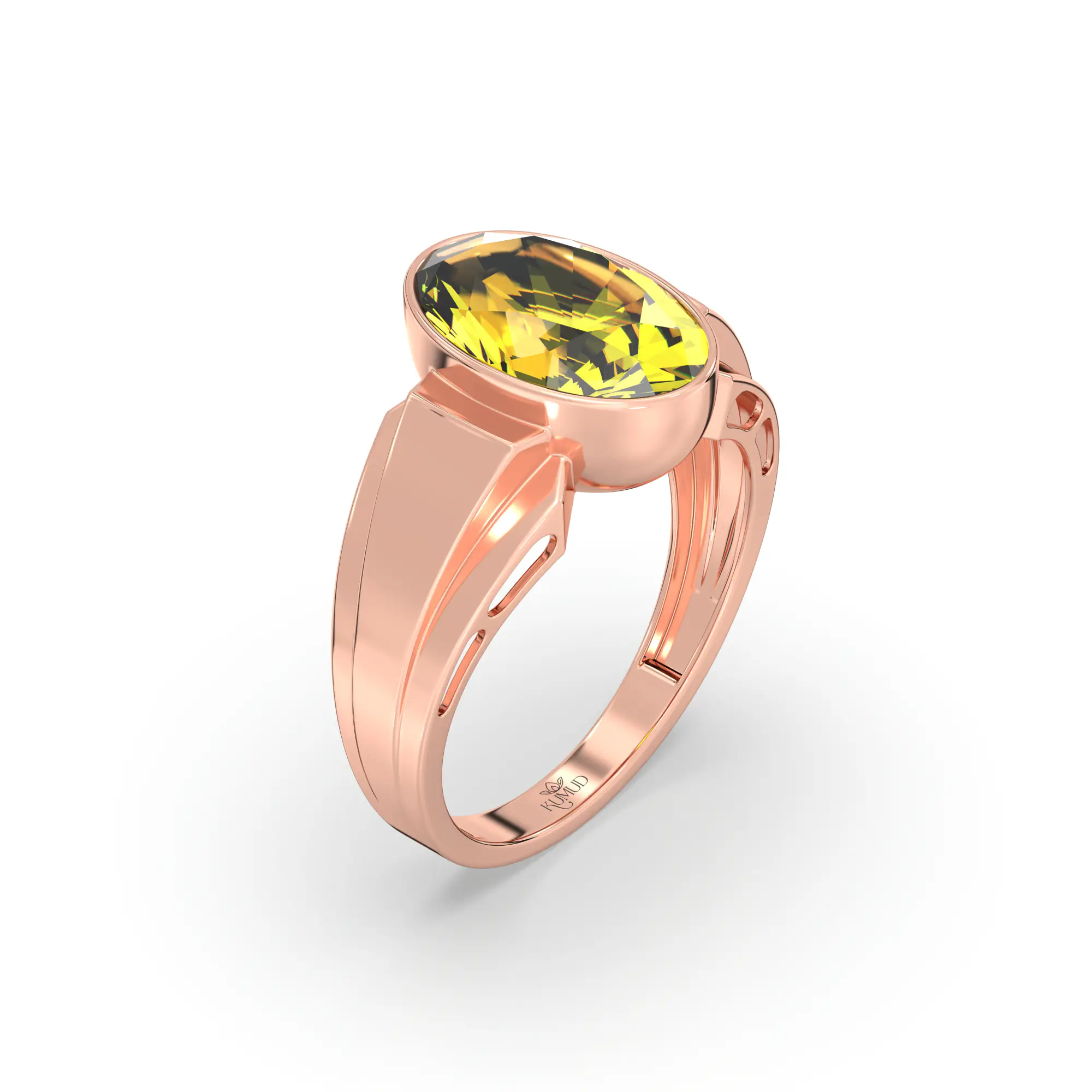 Yellow Sapphire (Pukhraj) Ring for Men in 18K Rose Gold – Oval 13x8 mm, Prong Setting, 8 g (Design K16A-4) thumbnail