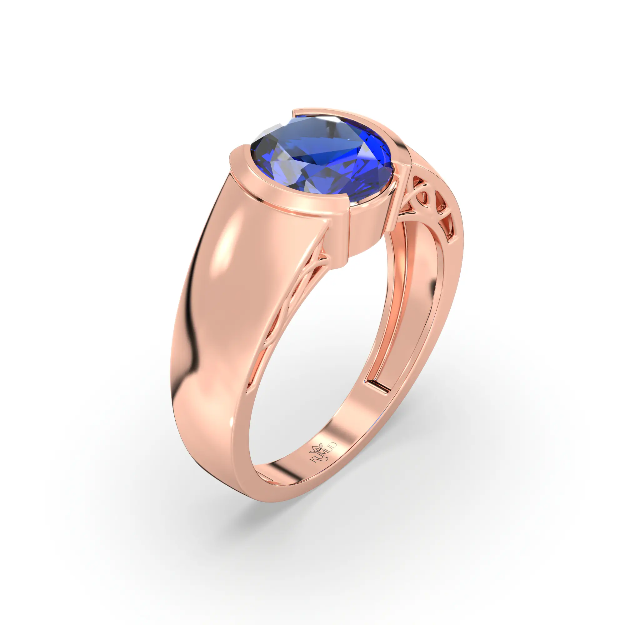 Blue Sapphire (Neelam) Ring for Men in 18K Rose Gold – Oval 9x8 mm, Prong Setting, 8 g (Design K16A-5) thumbnail