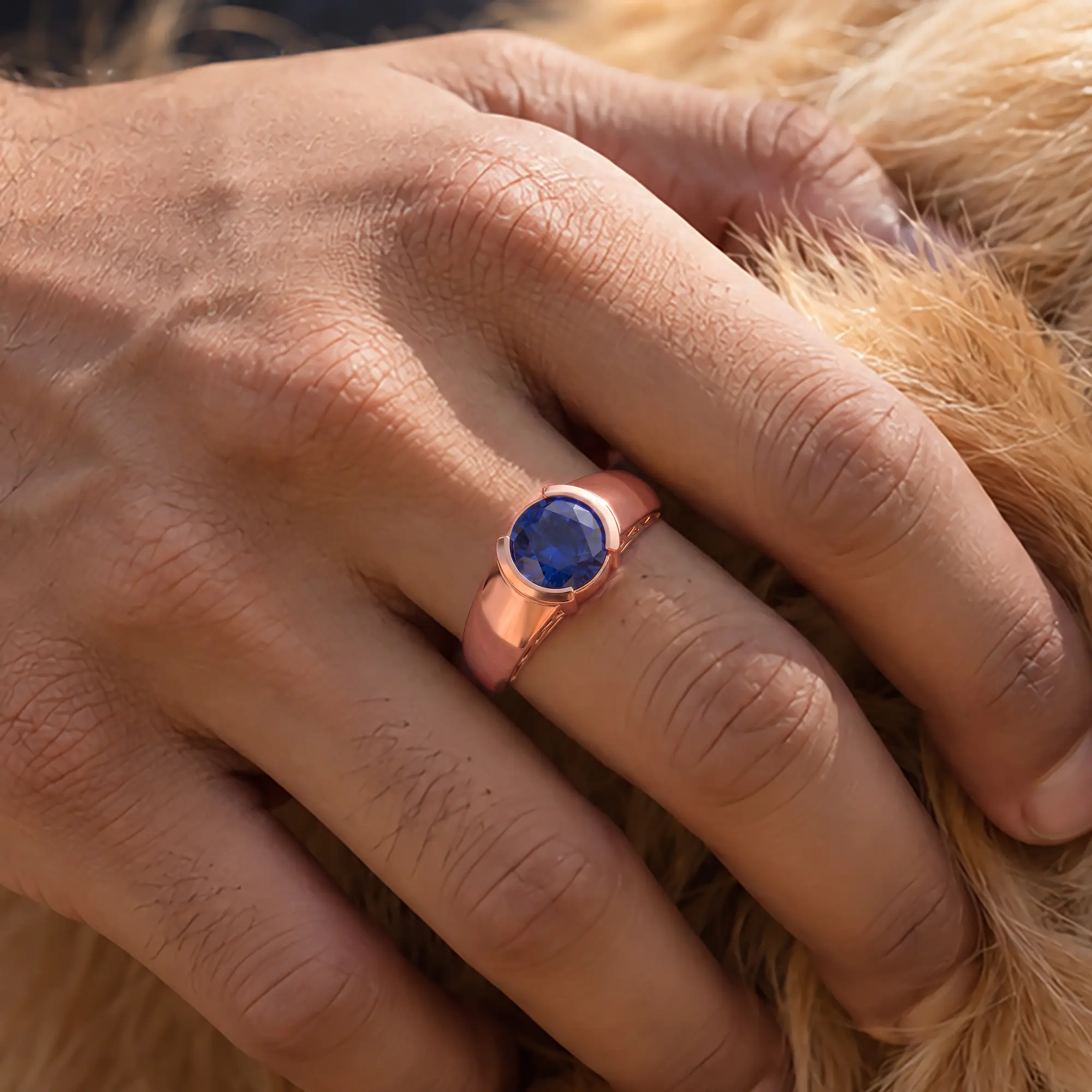 Blue Sapphire (Neelam) Ring for Men in 18K Rose Gold – Oval 9x8 mm, Prong Setting, 8 g (Design K16A-5) thumbnail