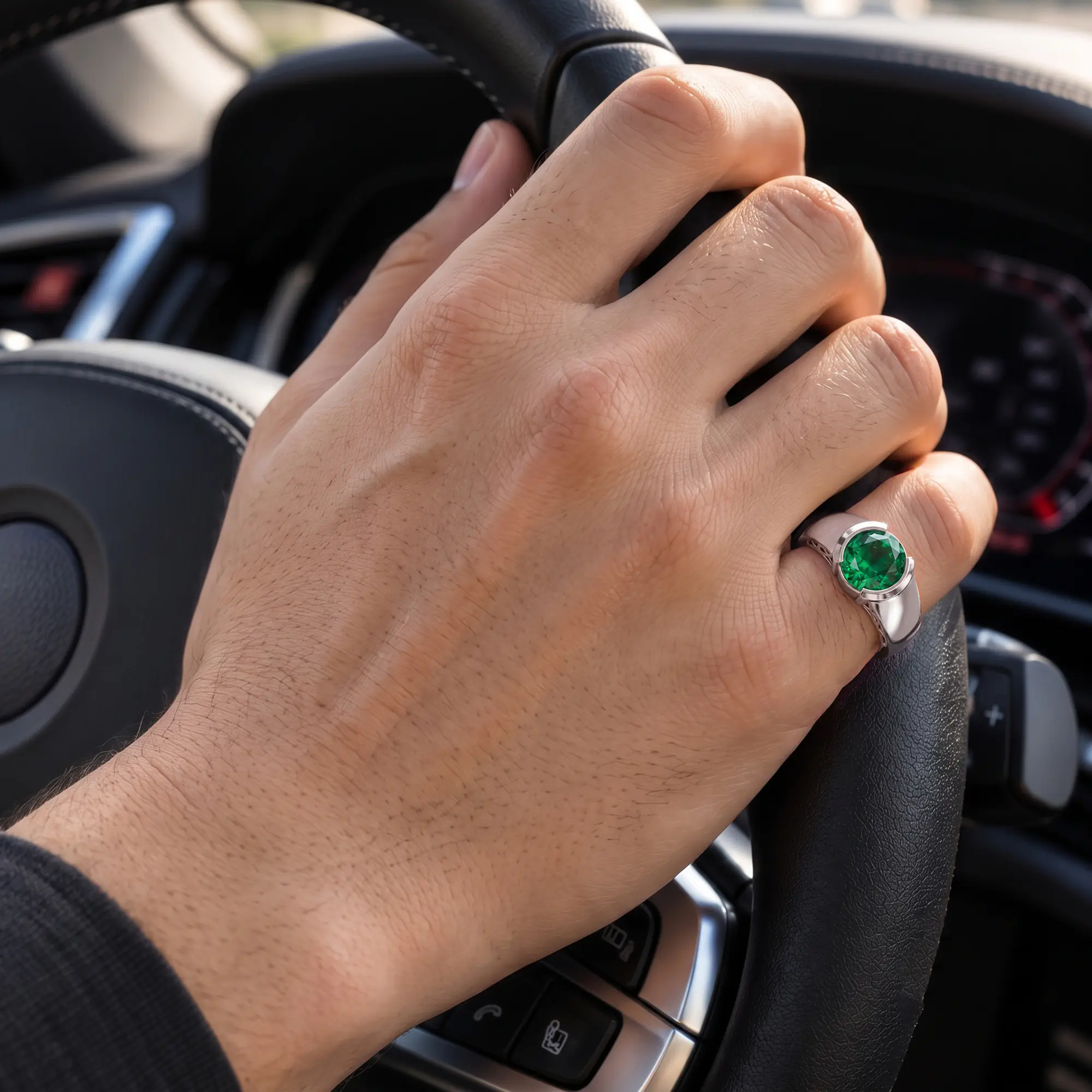 Emerald (Panna) Ring for Men in 18K White Gold – Oval 9x8 mm, Prong Setting, 8 g (Design K16A-5) thumbnail