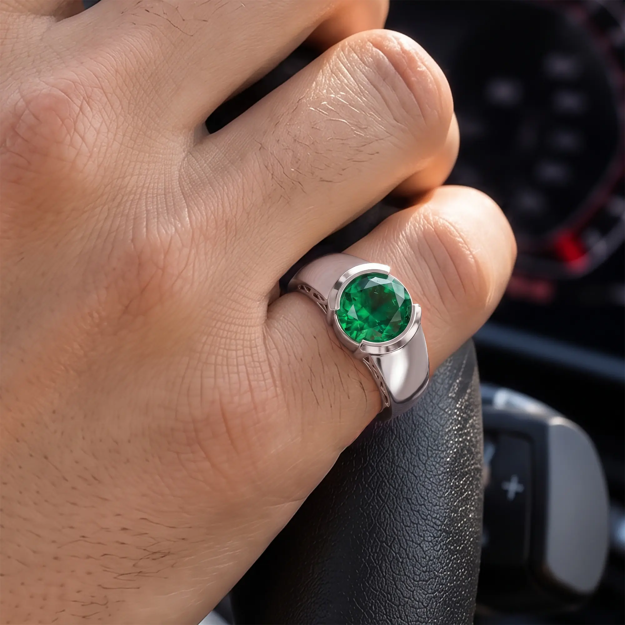 Emerald (Panna) Ring for Men in 18K White Gold – Oval 9x8 mm, Prong Setting, 8 g (Design K16A-5) thumbnail