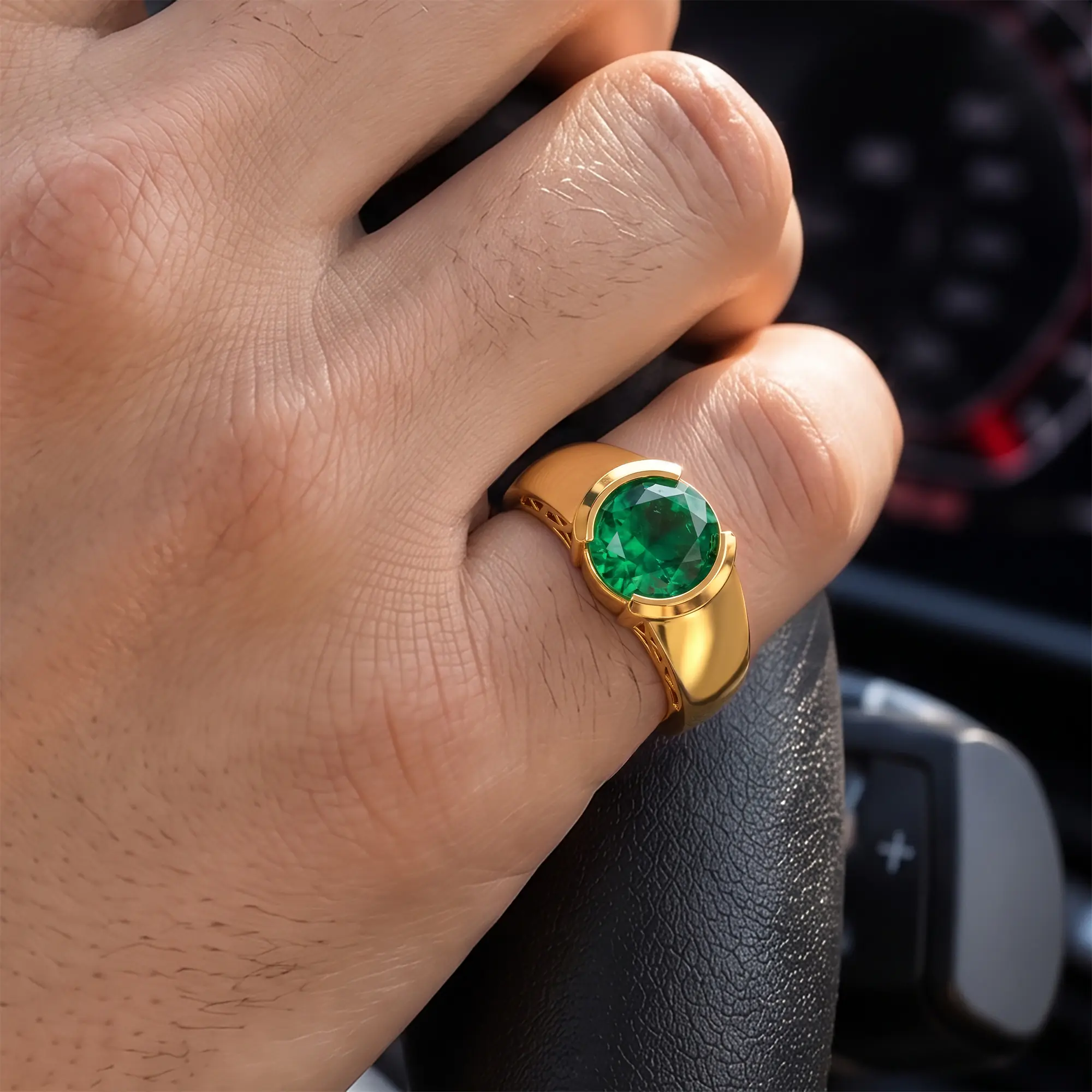 Emerald (Panna) Ring for Men in 22K Yellow Gold – Oval 9x8 mm, Prong Setting, 8 g (Design K16A-5) thumbnail