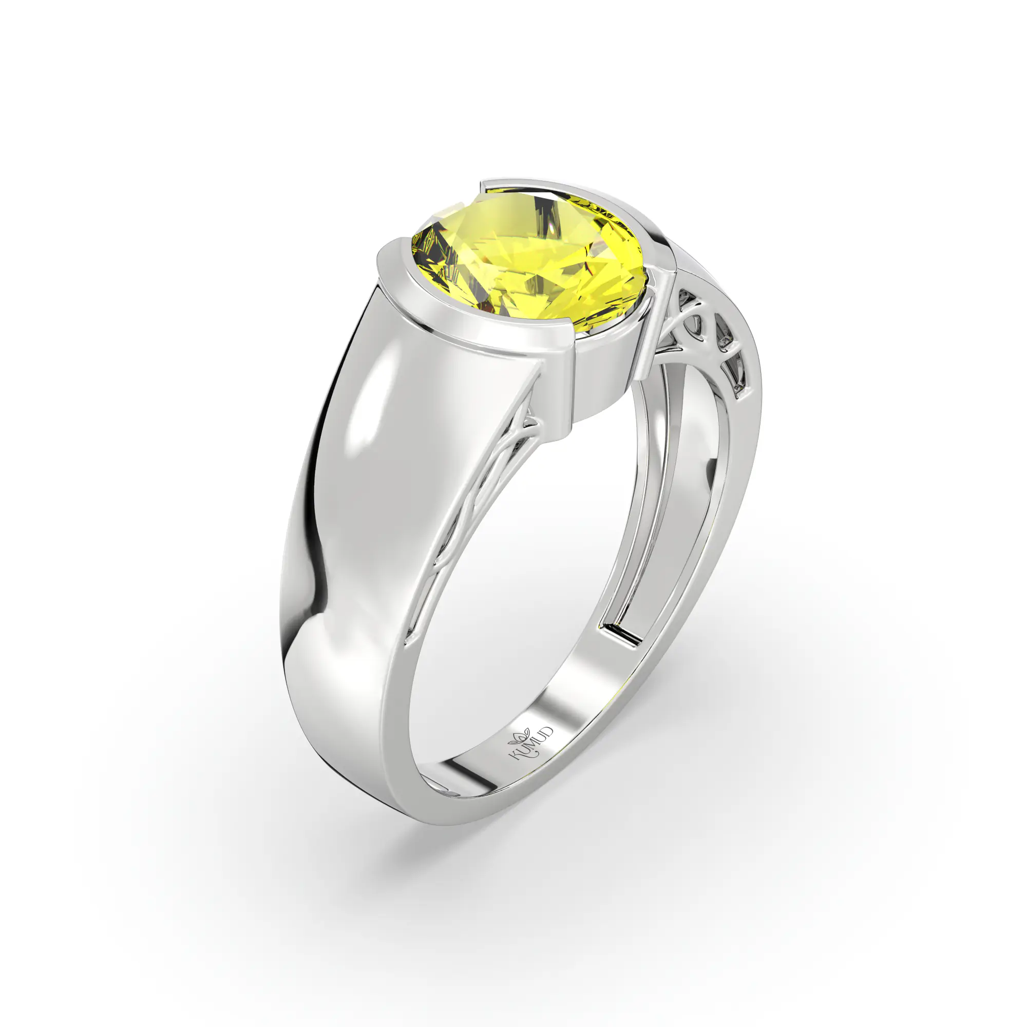 Yellow Sapphire (Pukhraj) Ring for Men in 18K White Gold – Oval 9x8 mm, Prong Setting, 8 g (Design K16A-5) thumbnail