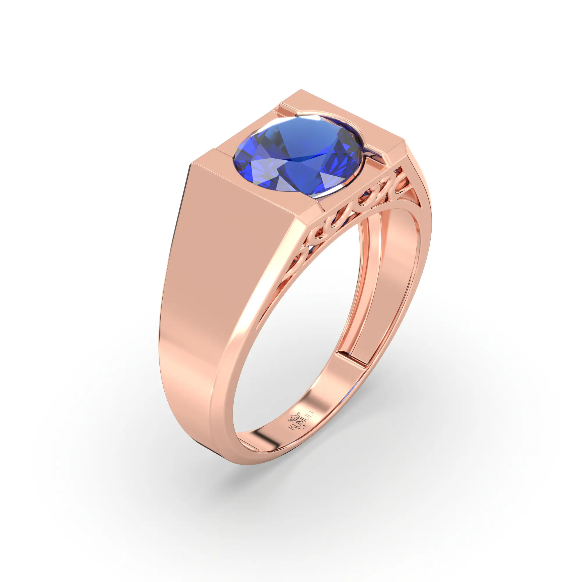 Blue Sapphire (Neelam) Ring for Men in 18K Rose Gold – Oval 9x8 mm, Prong Setting, 8 g (Design K16A-6) thumbnail