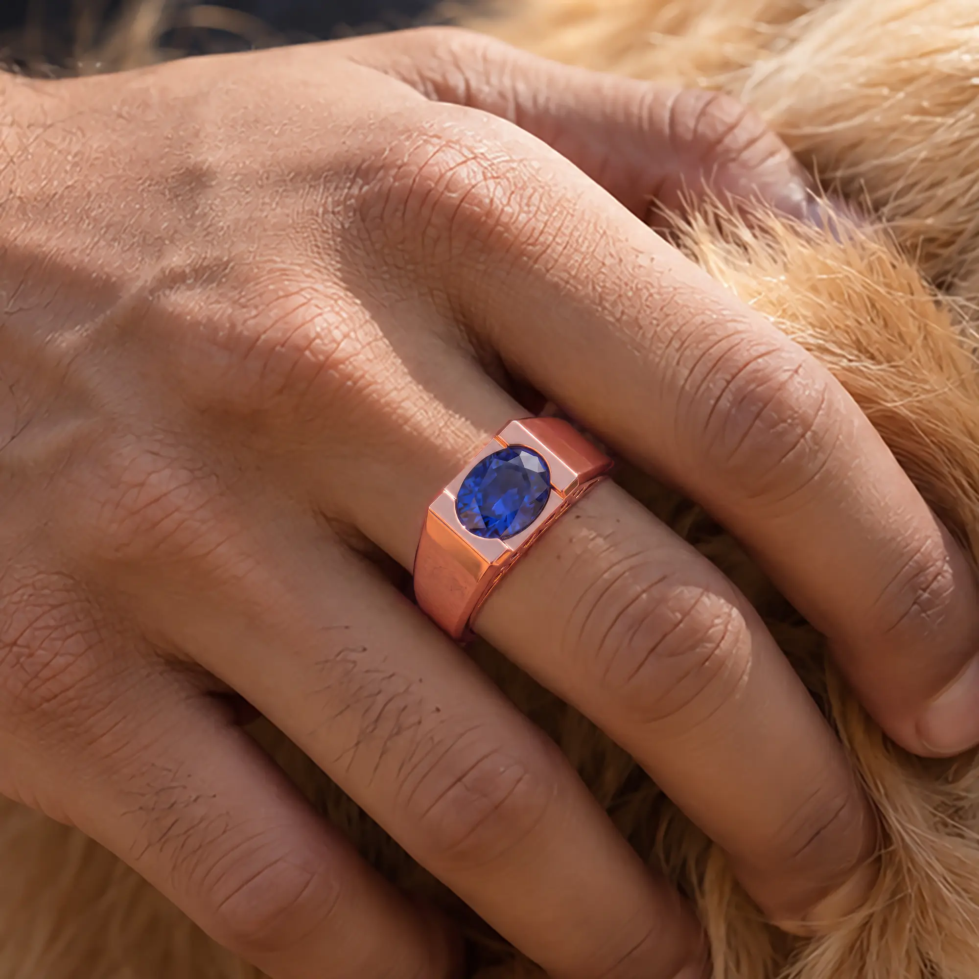 Blue Sapphire (Neelam) Ring for Men in 18K Rose Gold – Oval 9x8 mm, Prong Setting, 8 g (Design K16A-6) thumbnail