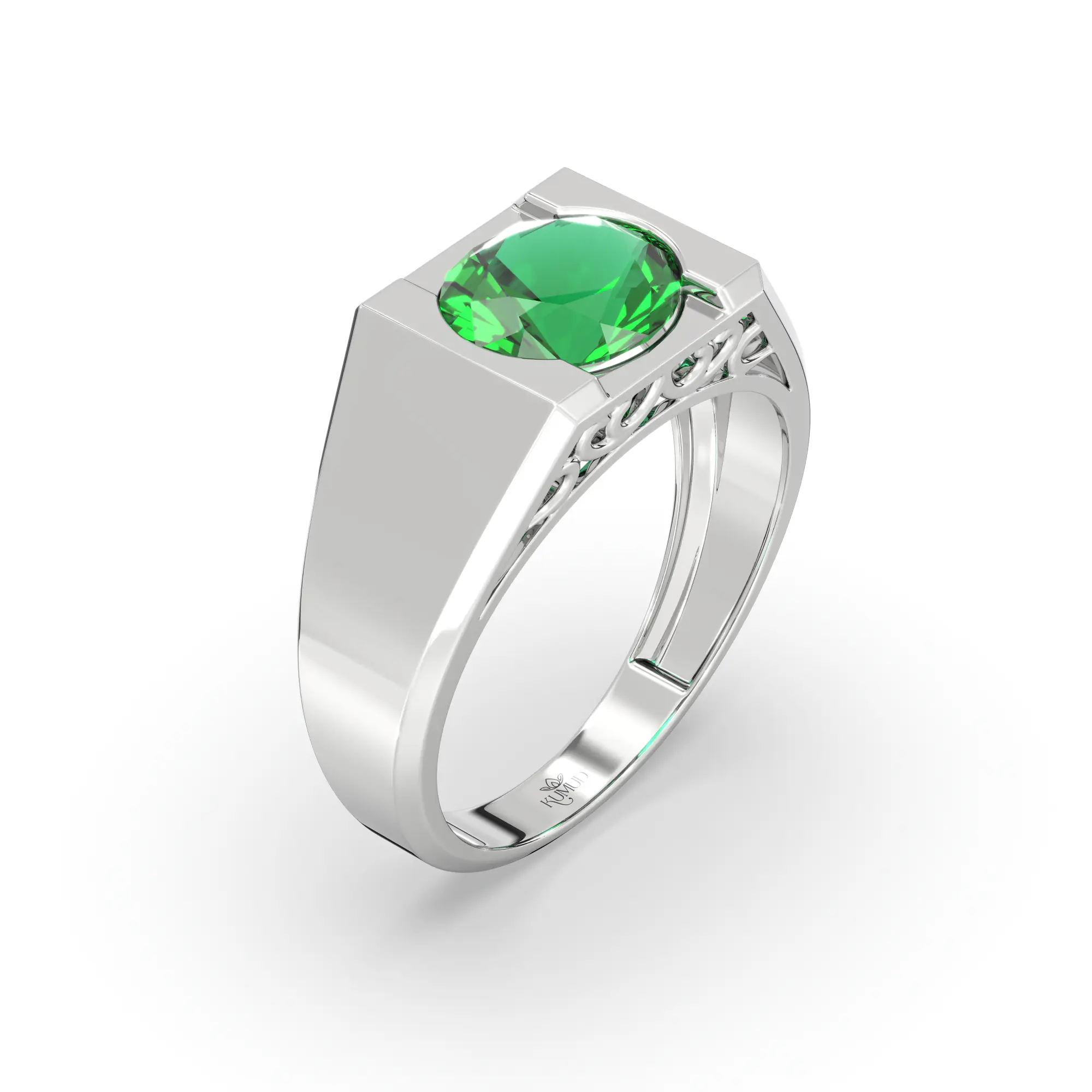 Emerald (Panna) Ring for Men in 18K White Gold – Oval 9x8 mm, Prong Setting, 8 g (Design K16A-6) thumbnail