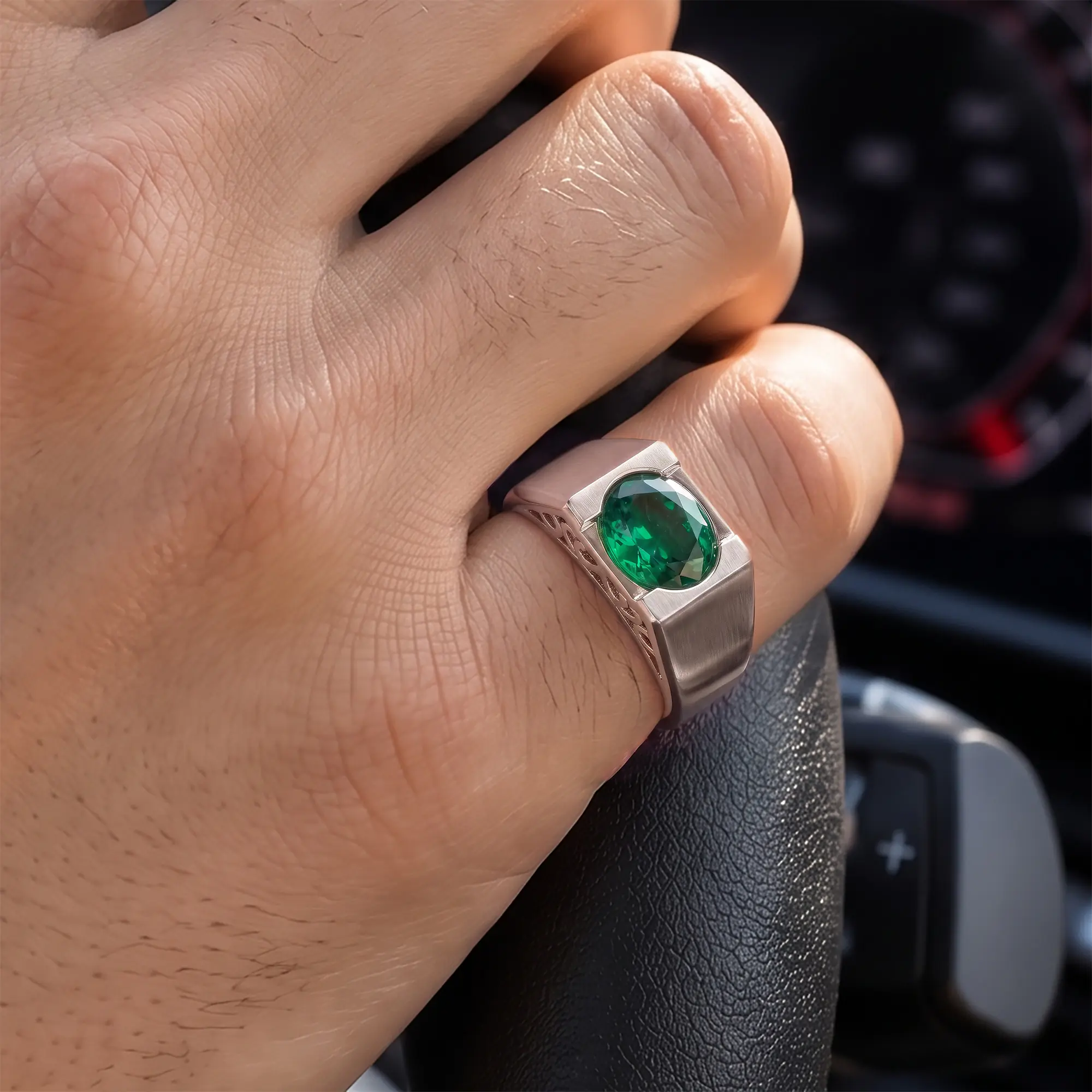 Emerald (Panna) Ring for Men in 18K White Gold – Oval 9x8 mm, Prong Setting, 8 g (Design K16A-6) thumbnail