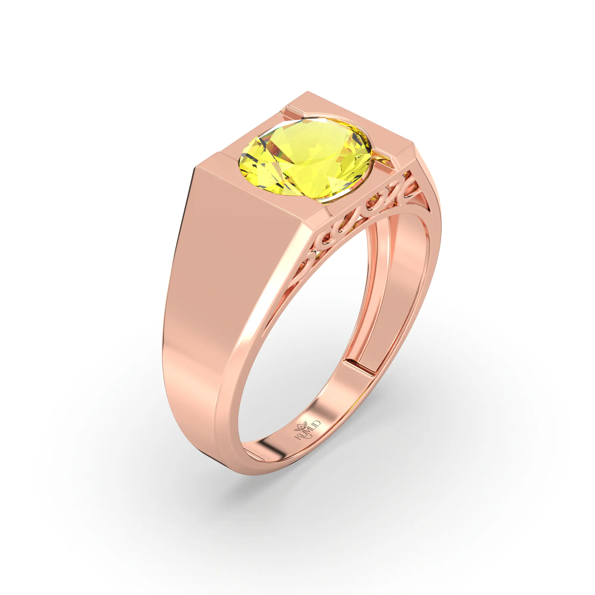 Yellow Sapphire (Pukhraj) Ring for Men in 18K Rose Gold – Oval 9x8 mm, Prong Setting, 8 g (Design K16A-6) thumbnail