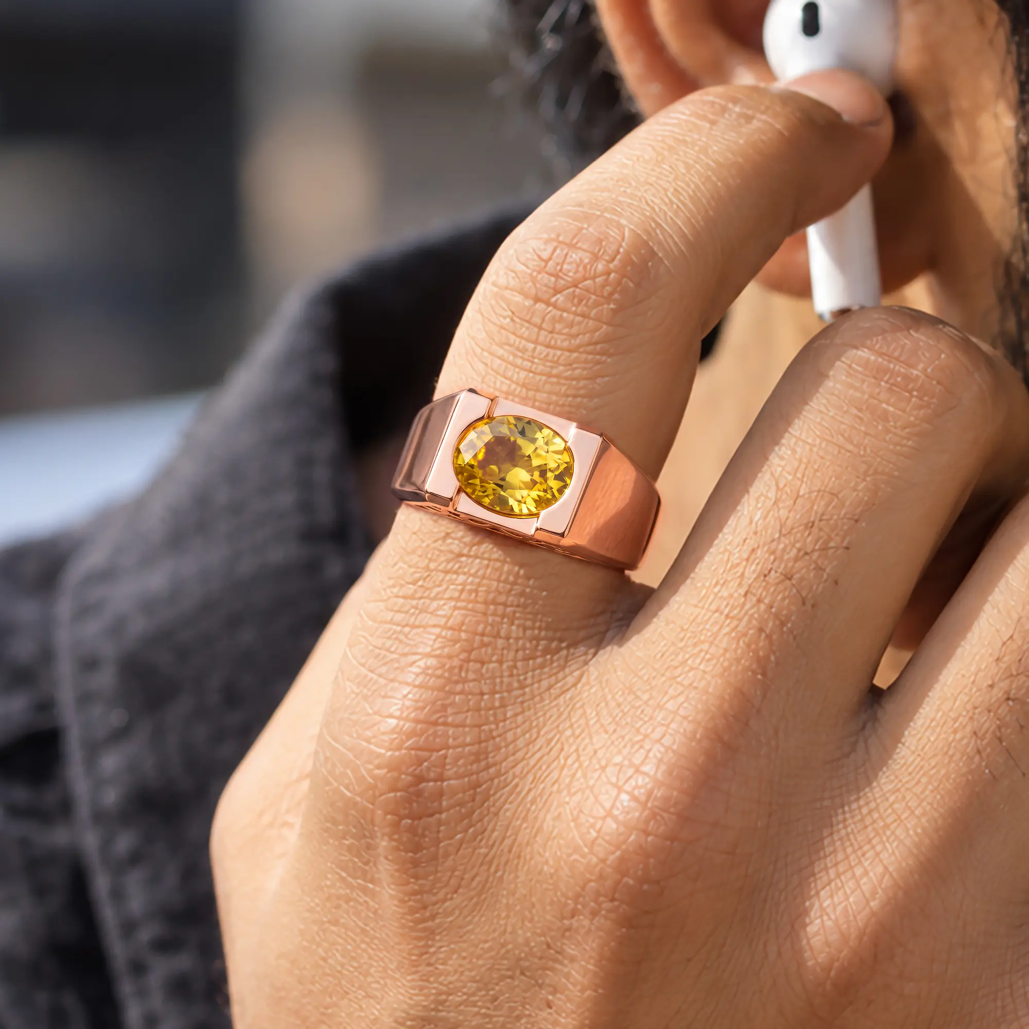Yellow Sapphire (Pukhraj) Ring for Men in 18K Rose Gold – Oval 9x8 mm, Prong Setting, 8 g (Design K16A-6) thumbnail
