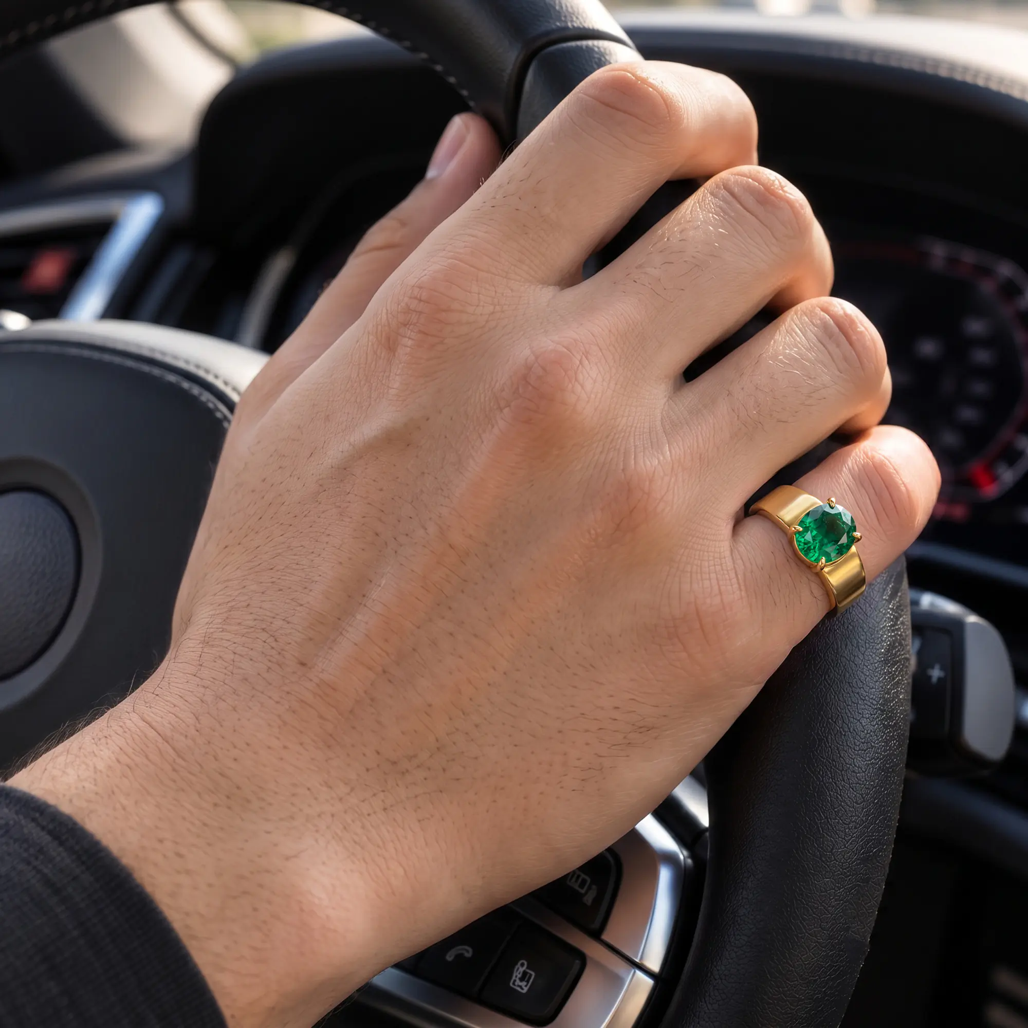 Emerald (Panna) Ring for Men in 22K Yellow Gold – Oval 9x8 mm, Prong Setting, 8 g (Design K16A-7) thumbnail