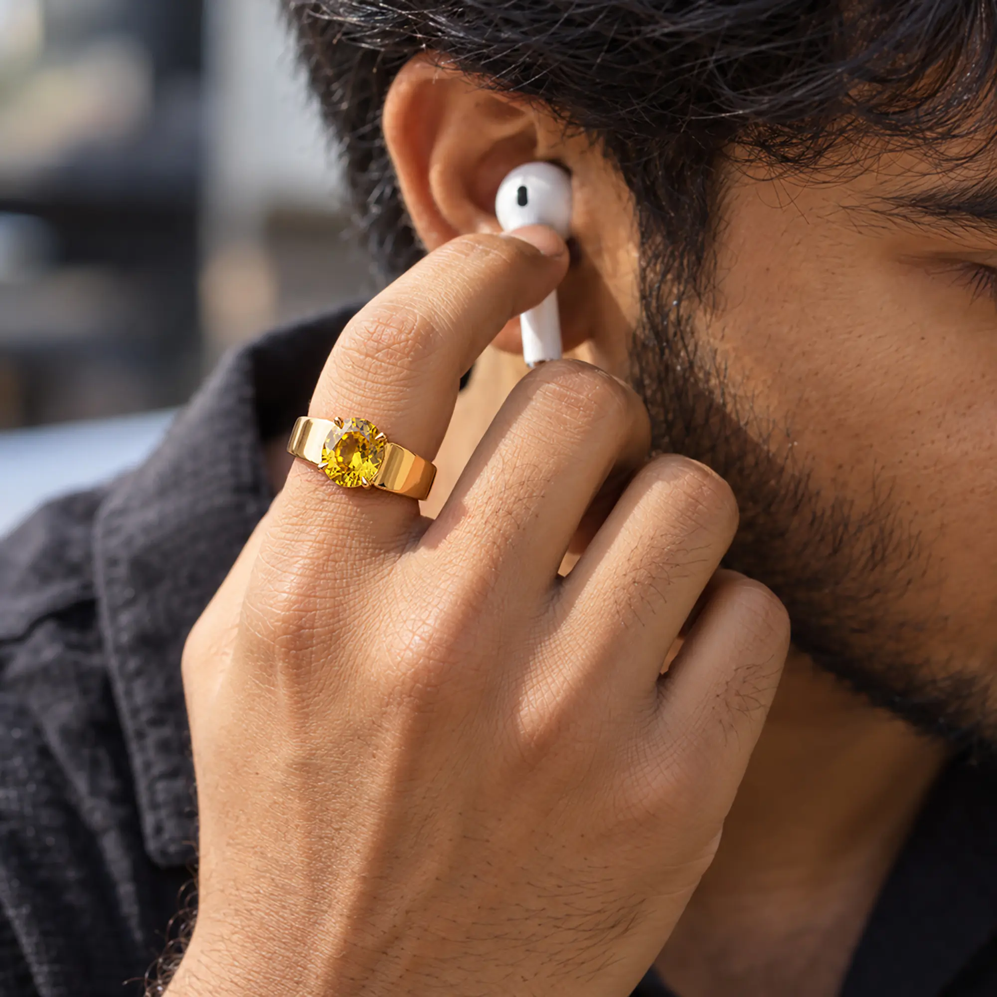 Yellow Sapphire (Pukhraj) Ring for Men in 22K Yellow Gold – Oval 9x8 mm, Prong Setting, 8 g (Design K16A-7) thumbnail