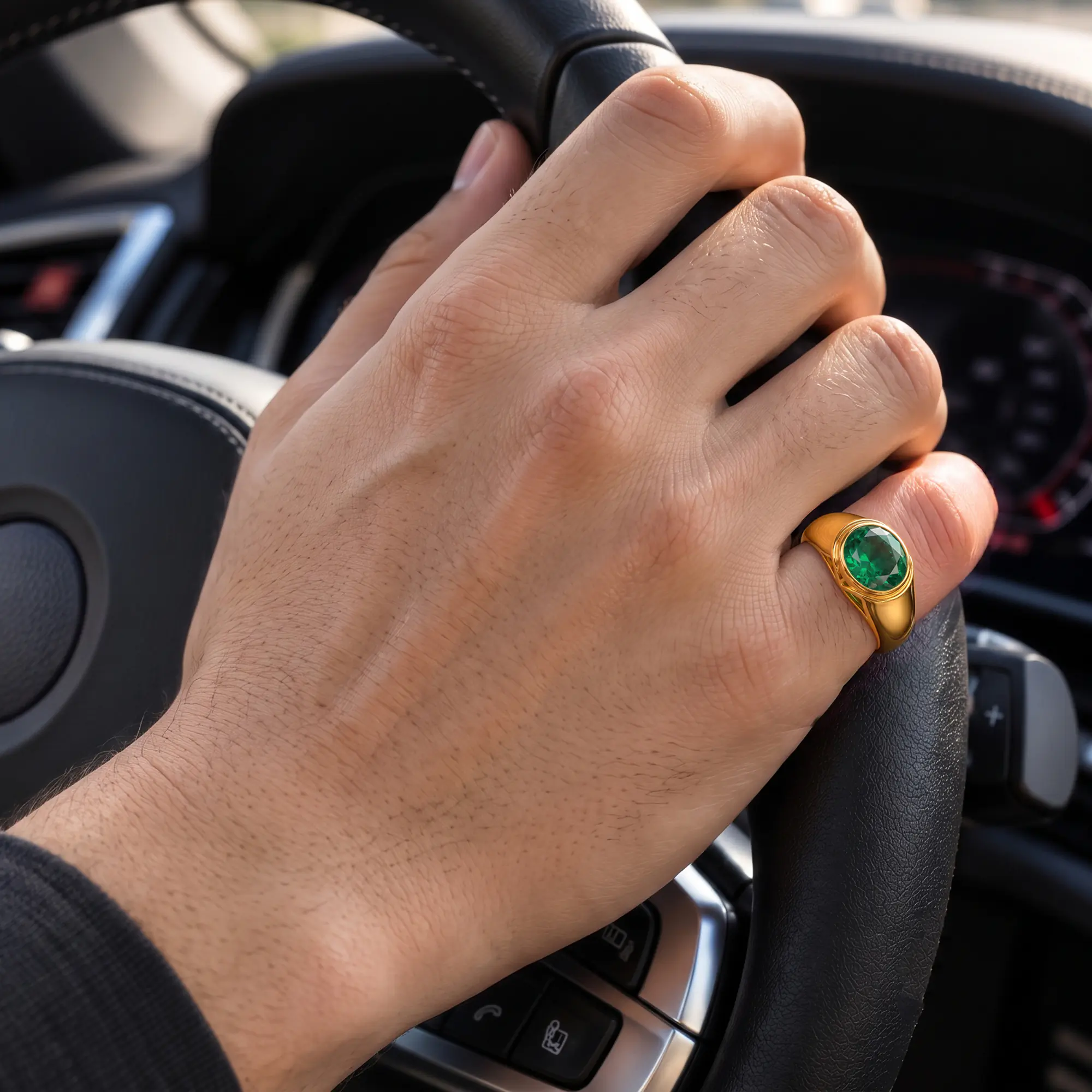 Emerald (Panna) Ring for Men in 22K Yellow Gold – Oval 9x8 mm, Prong Setting, 8 g (Design K16A-8) thumbnail