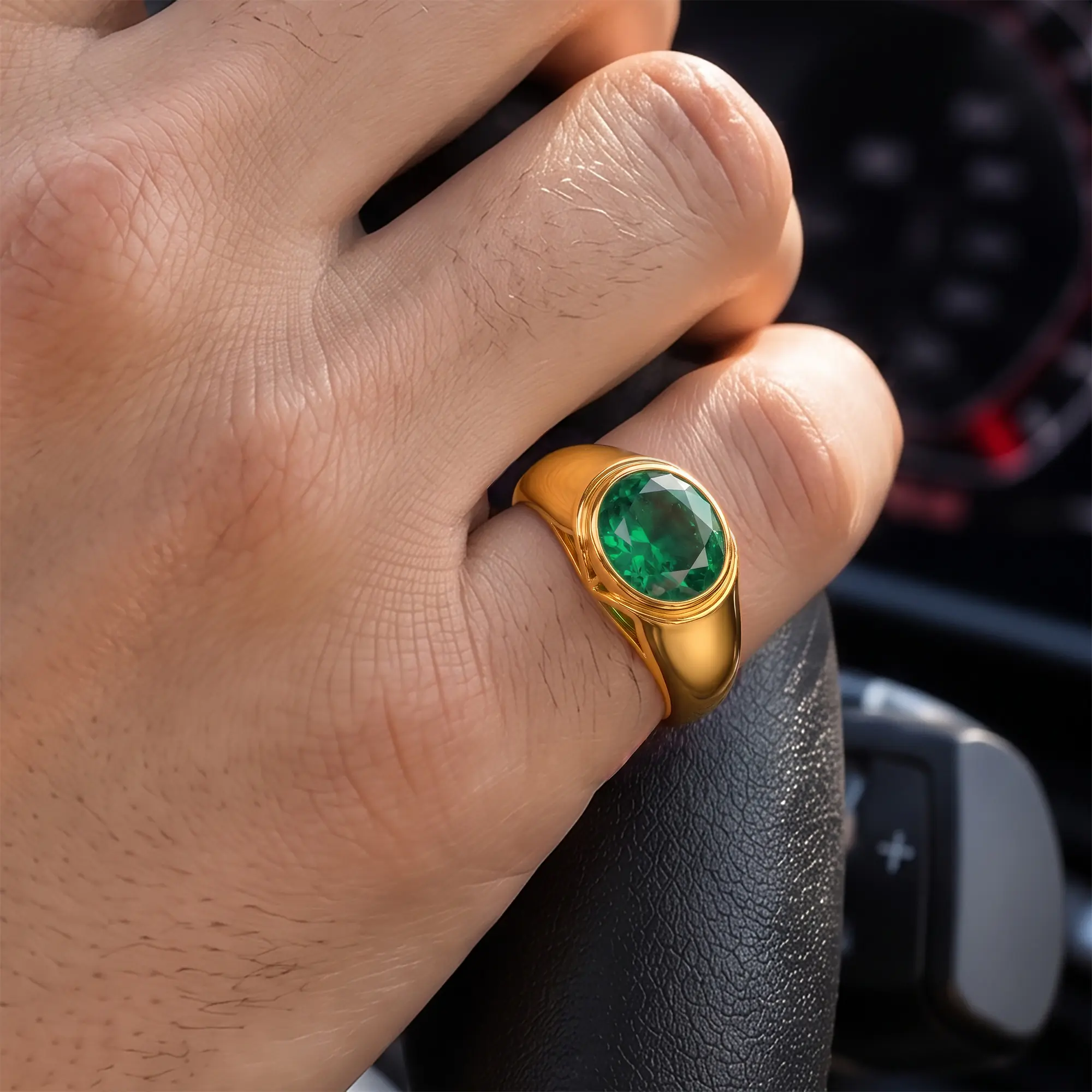 Emerald (Panna) Ring for Men in 22K Yellow Gold – Oval 9x8 mm, Prong Setting, 8 g (Design K16A-8) thumbnail