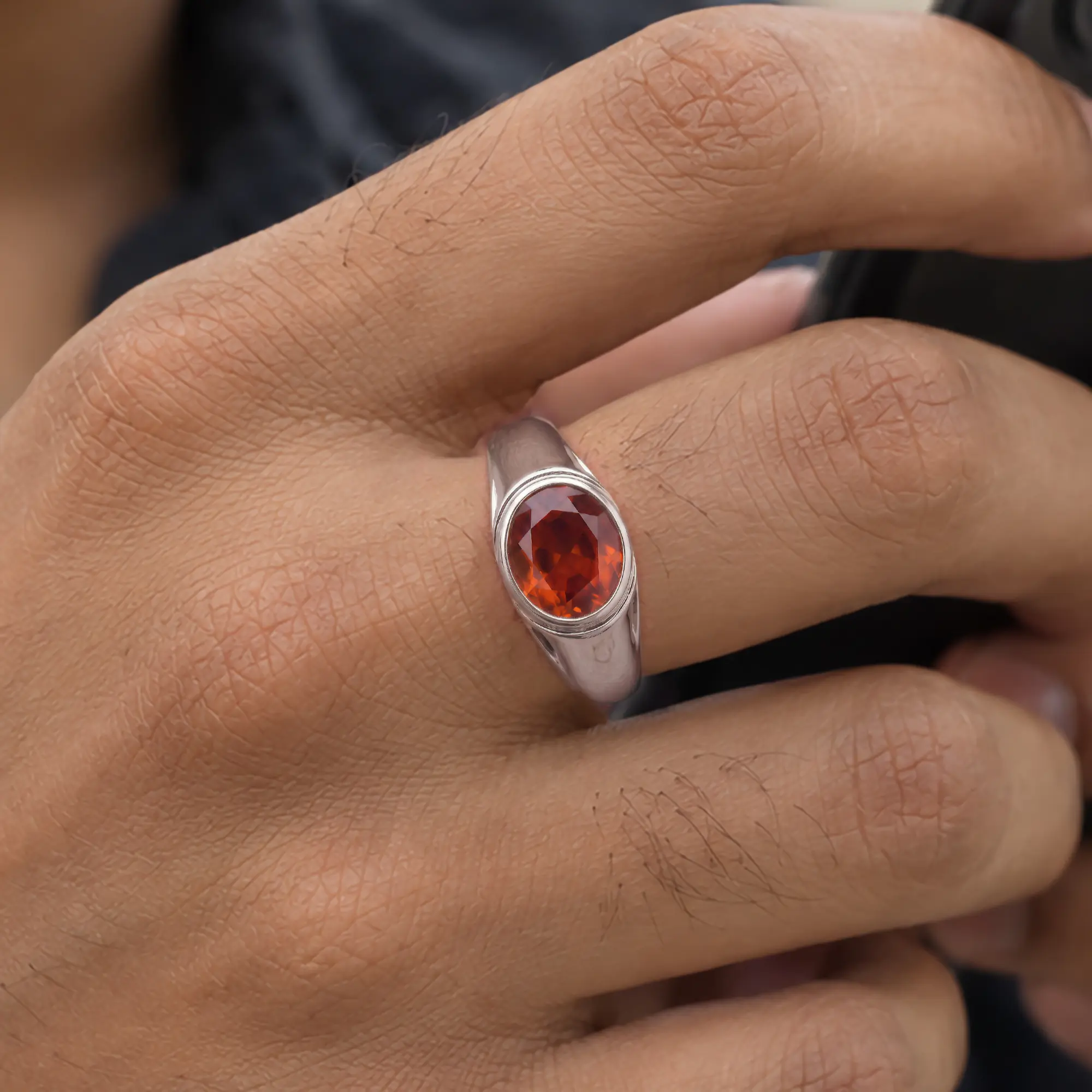 Hessonite (Gomed) Ring for Men in 18K White Gold – Oval 9x8 mm, Prong Setting, 8 g (Design K16A-8) thumbnail
